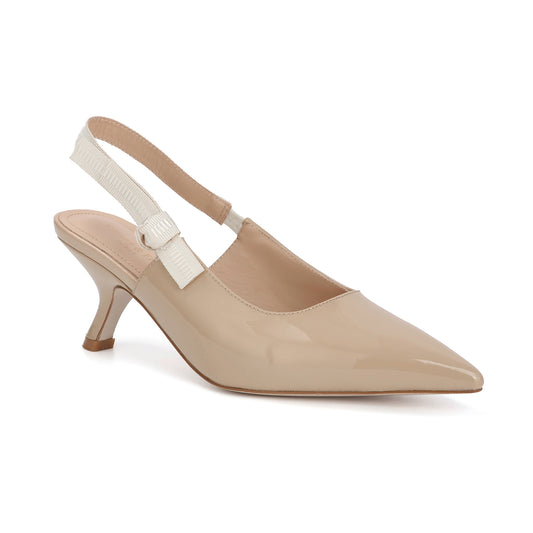 Nude Patent Leather Slingback Kitten Heels with Ribbon Strap