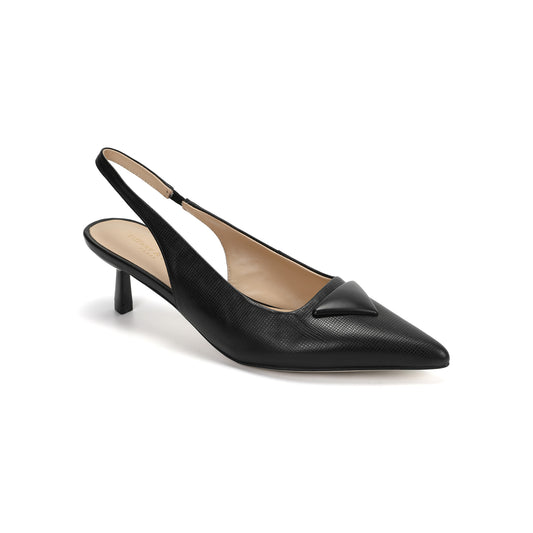Black Leather Slingback Triangular Hardware Kitten Heels