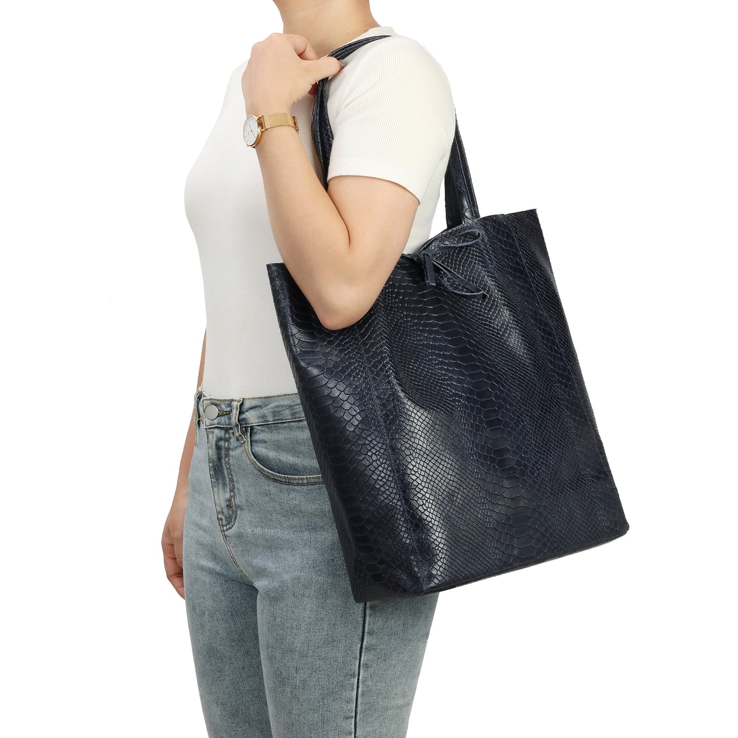 Embossed Leather Tote Bag with Top Tie Closure