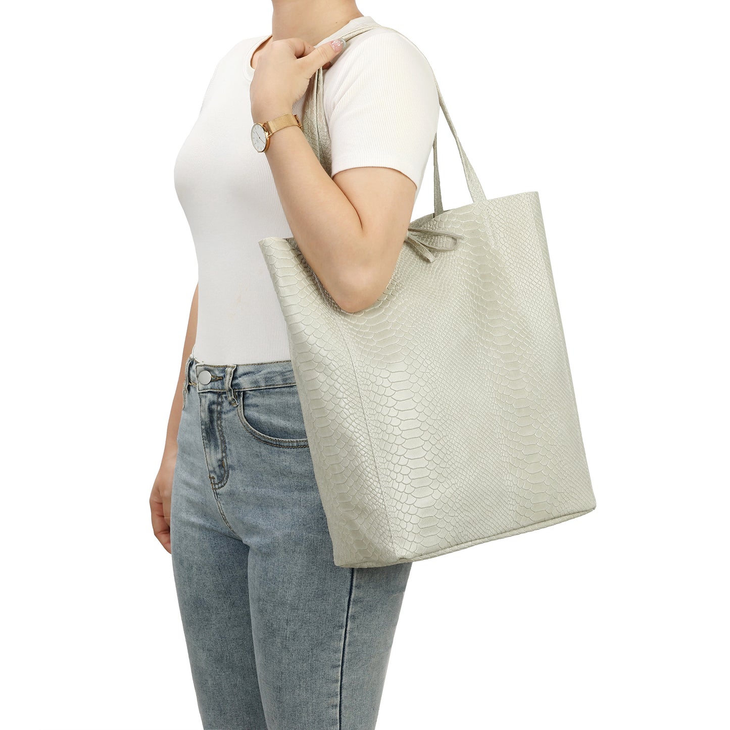 Embossed Leather Tote Bag with Top Tie Closure