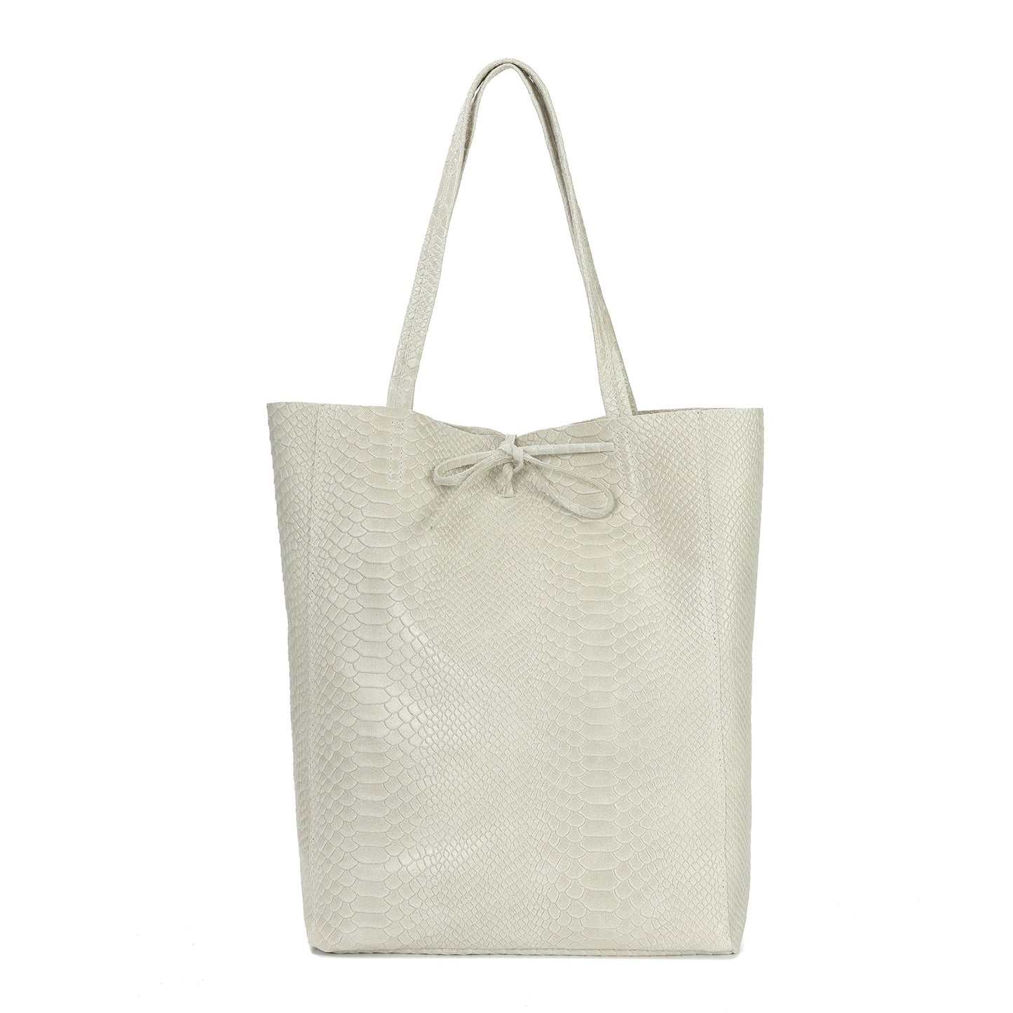 Embossed Leather Tote Bag with Top Tie Closure