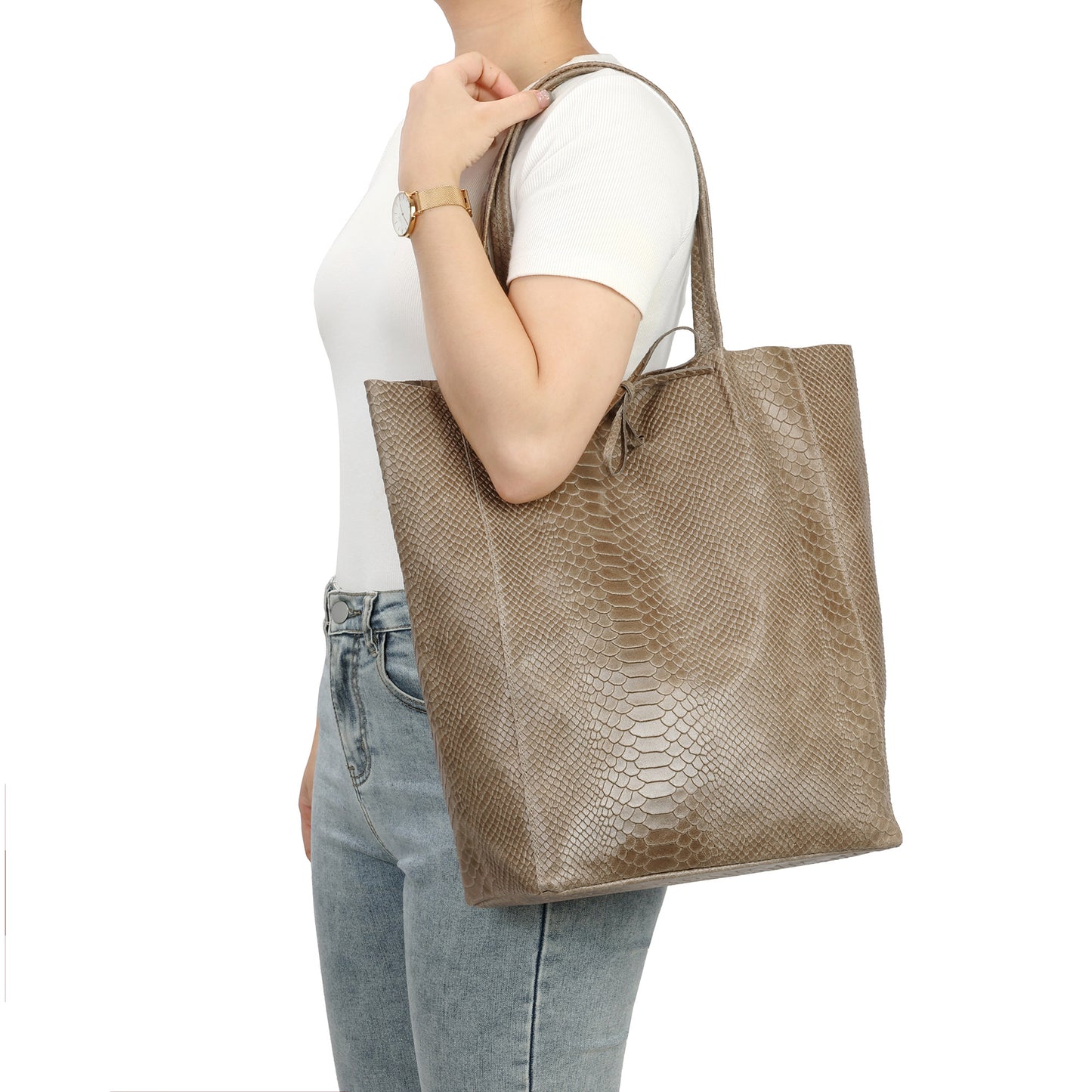 Embossed Leather Tote Bag with Top Tie Closure