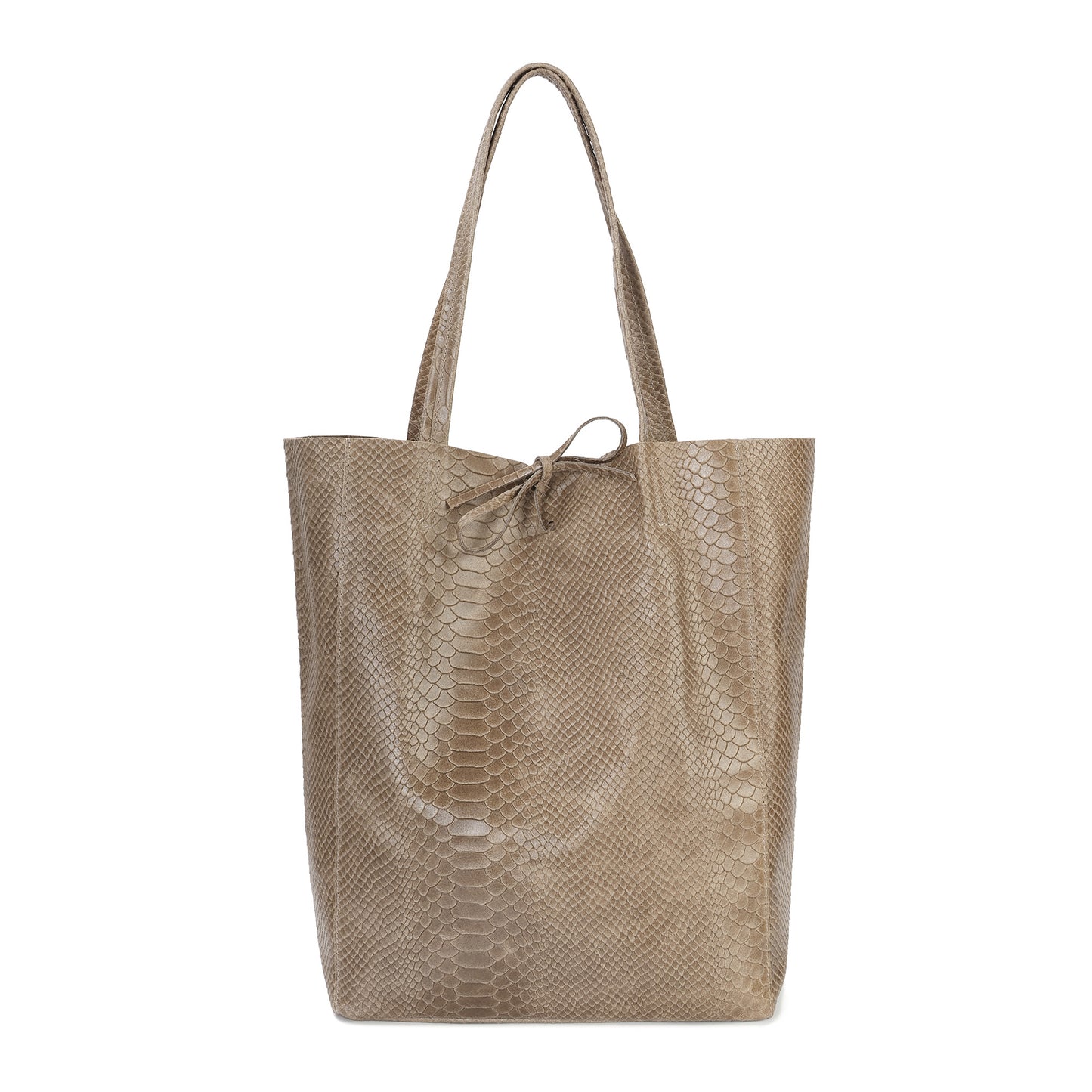 Embossed Leather Tote Bag with Top Tie Closure