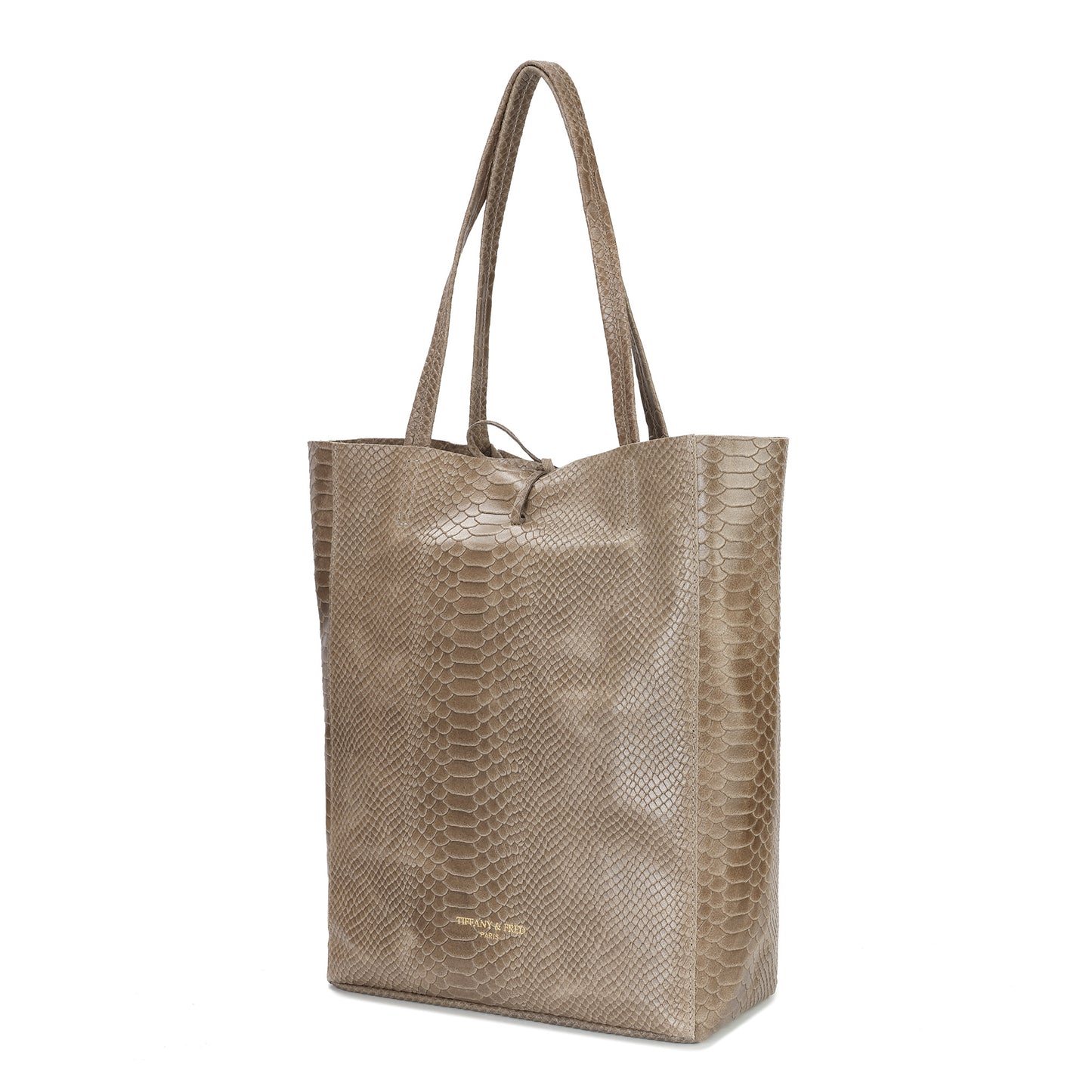Embossed Leather Tote Bag with Top Tie Closure