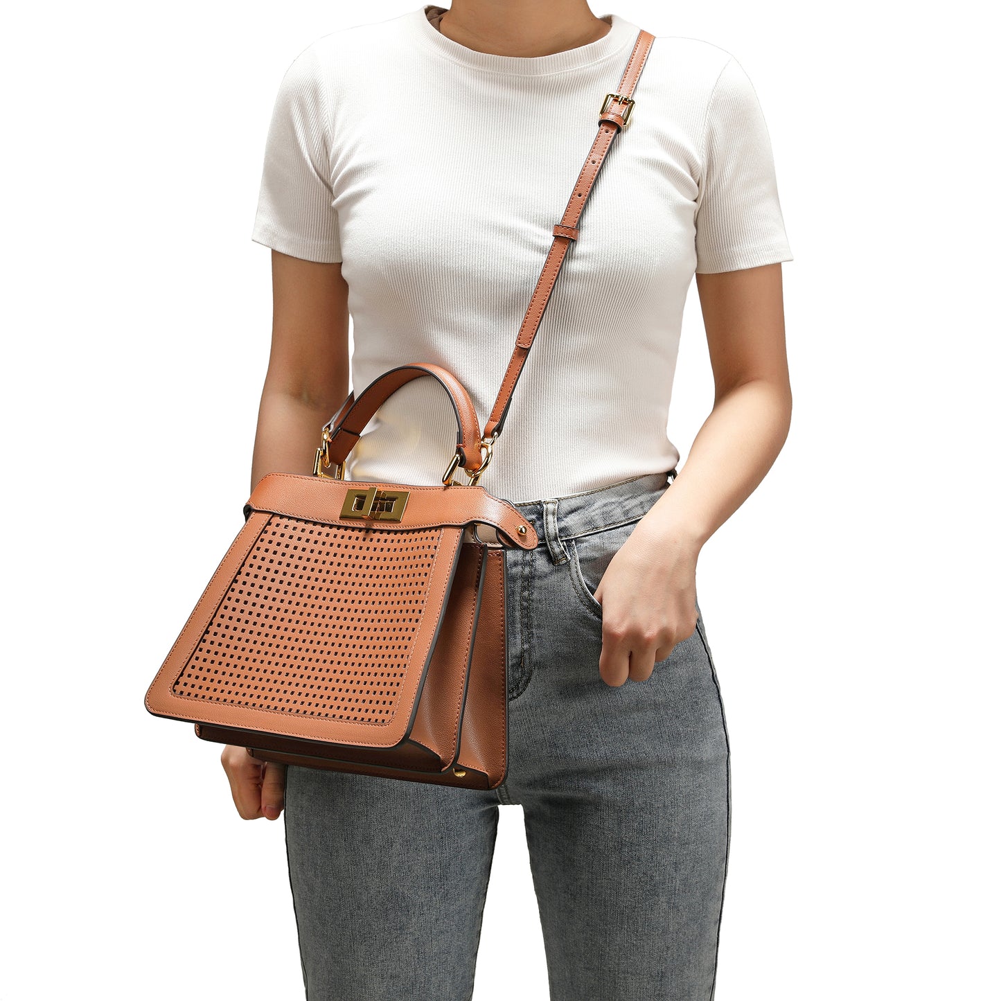Perforated Smooth Leather Top-Handle Bag