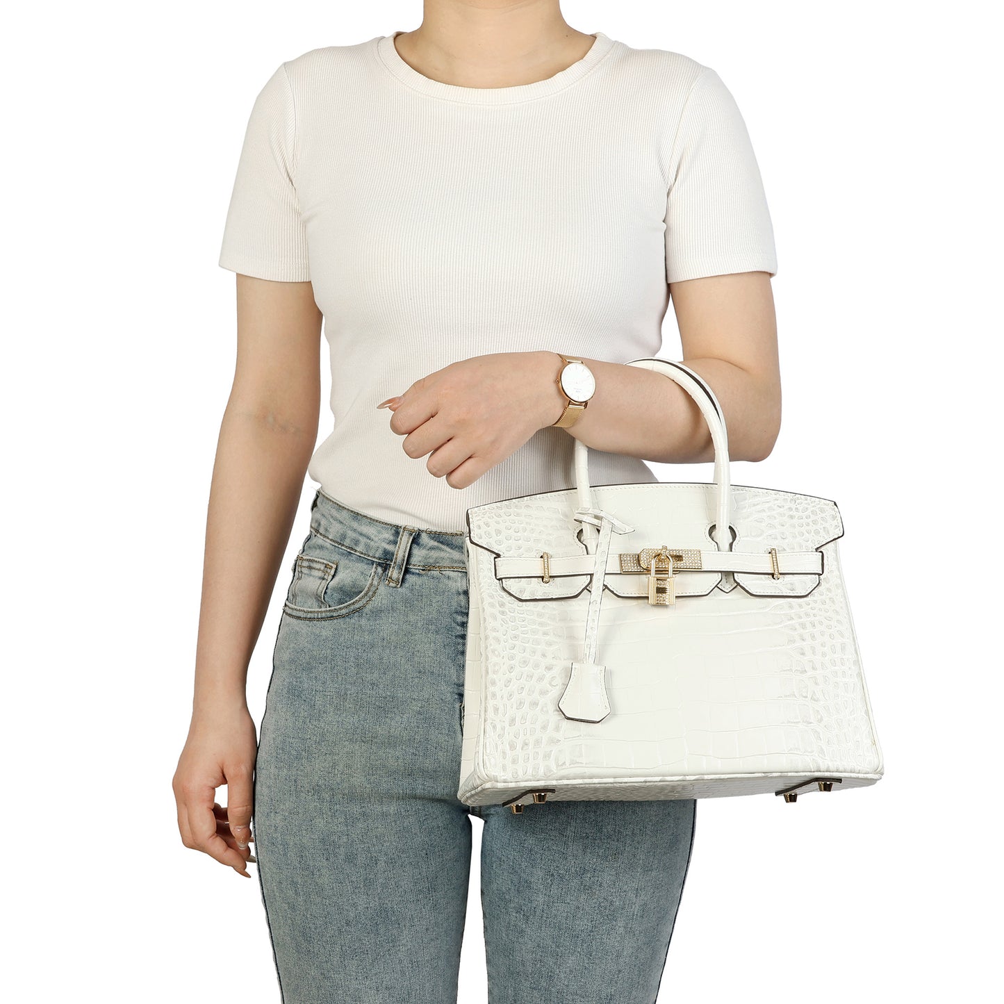 Crocodile-Embossed Leather Structured Handbag