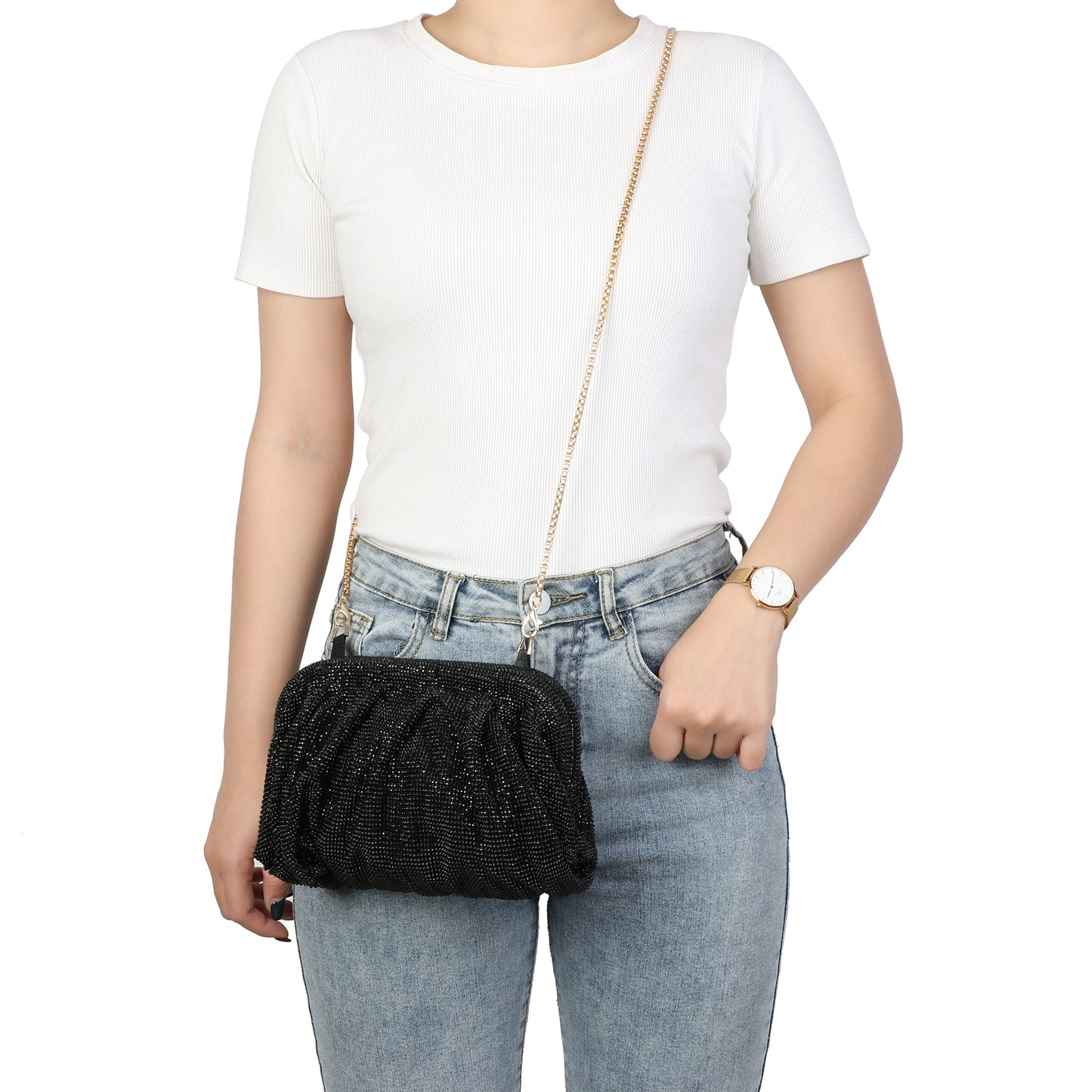 Crystal-Embellished Evening Clutch with Chain Strap