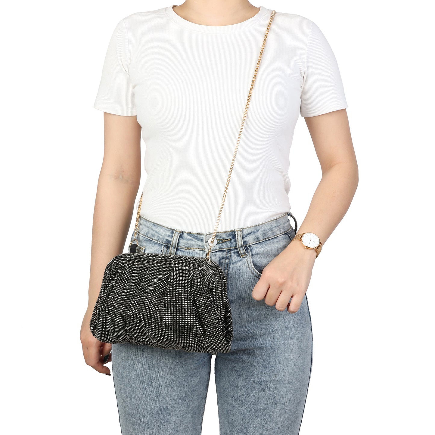 Crystal-Embellished Evening Clutch with Chain Strap