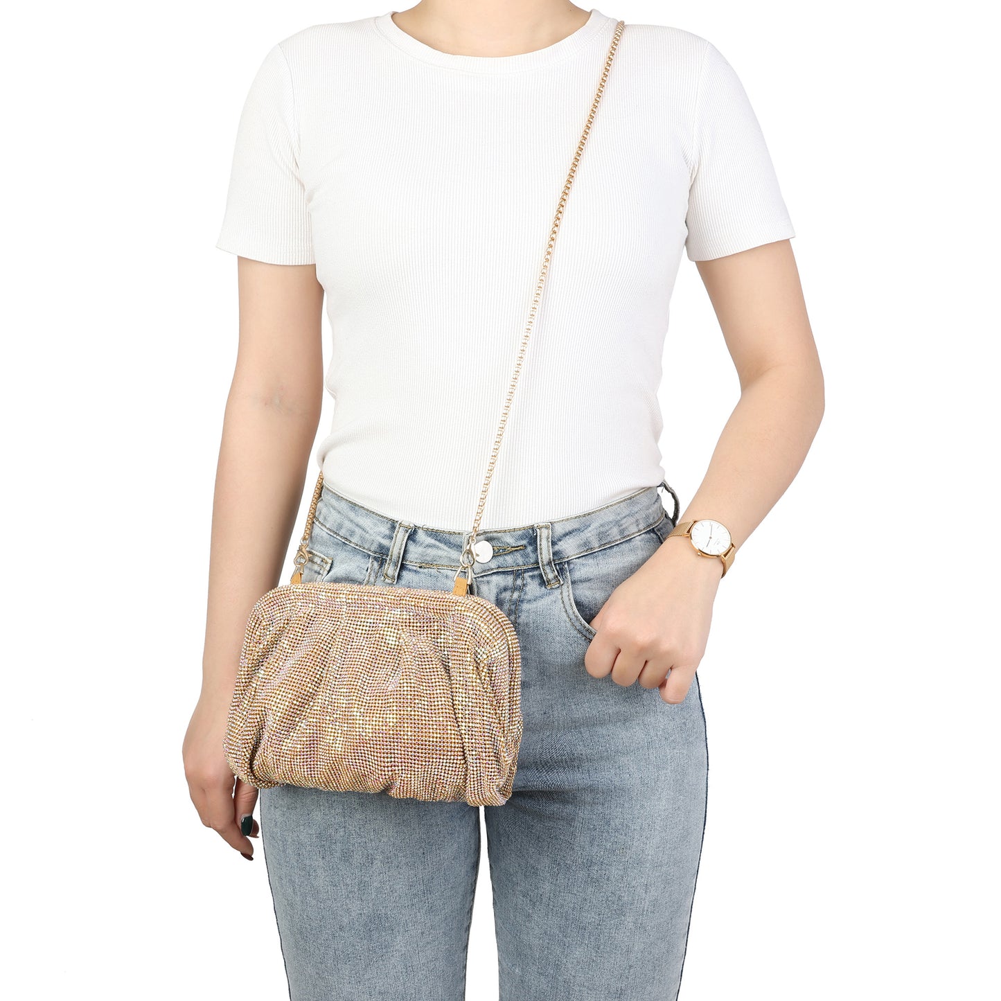Crystal-Embellished Evening Clutch with Chain Strap