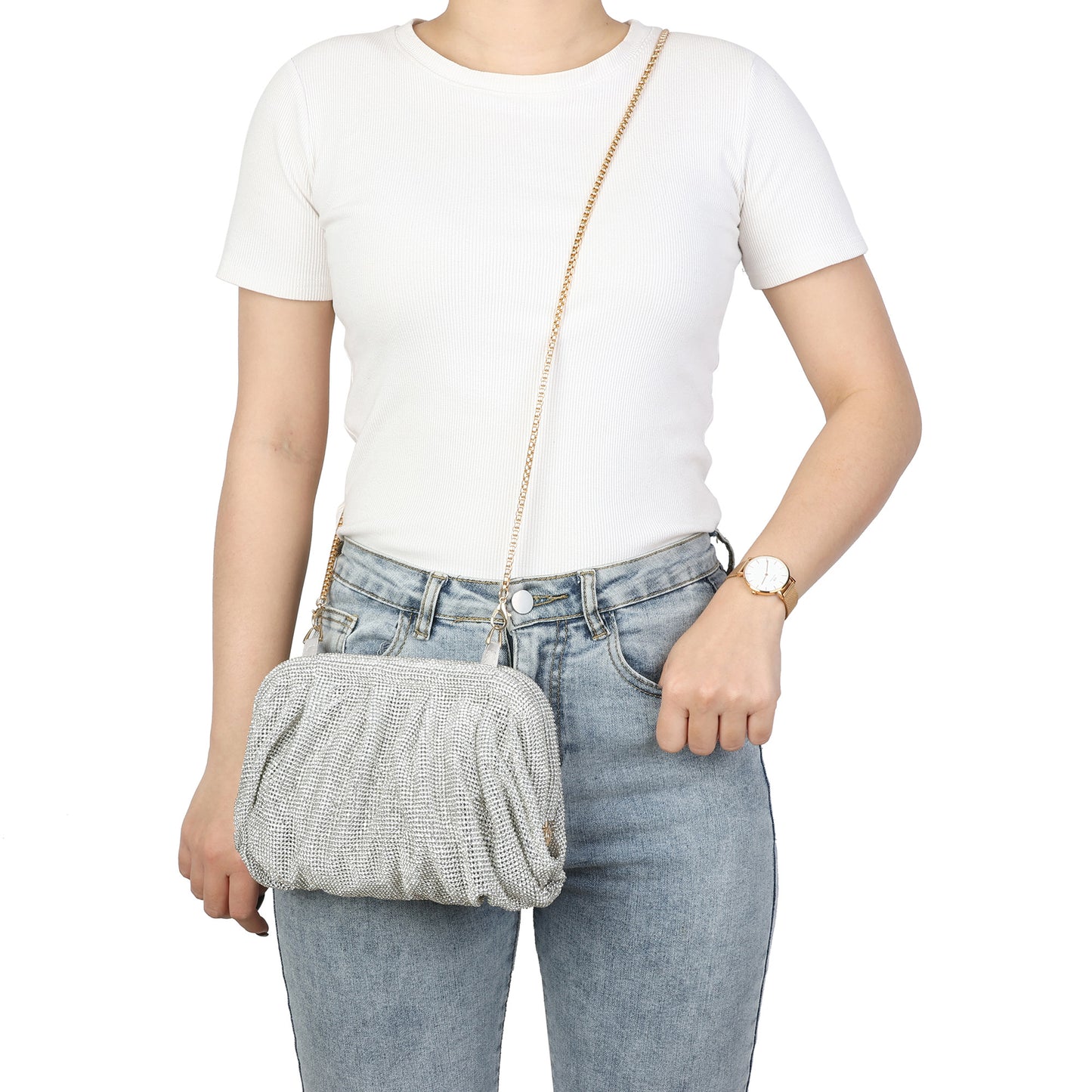 Crystal-Embellished Evening Clutch with Chain Strap
