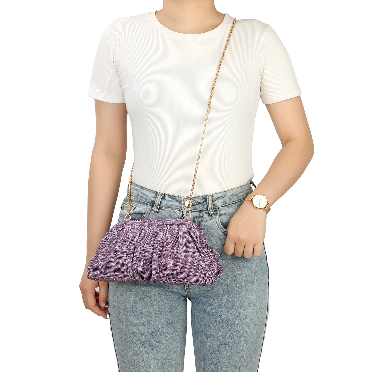 Crystal-Embellished Evening Clutch with Chain Strap