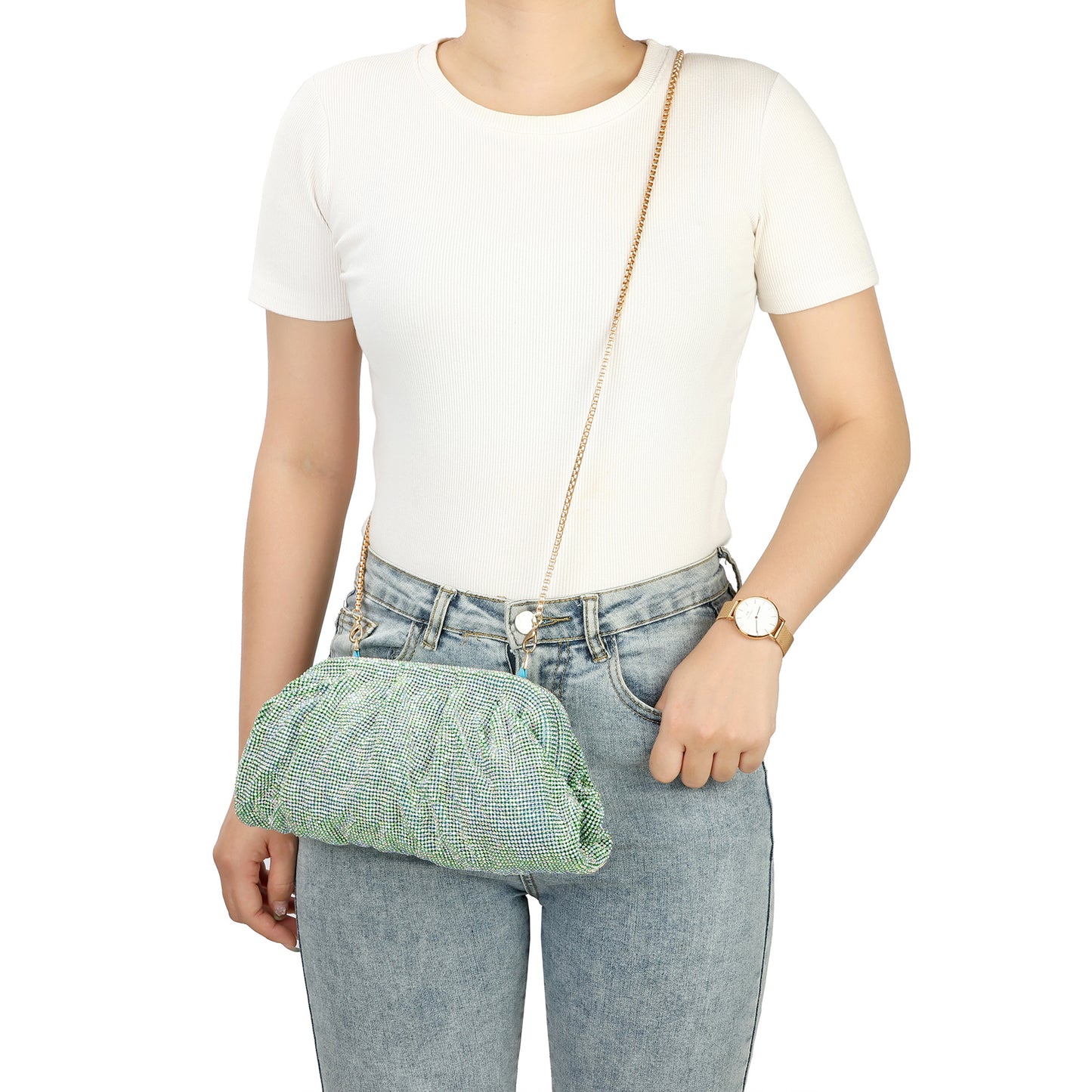 Crystal-Embellished Evening Clutch with Chain Strap