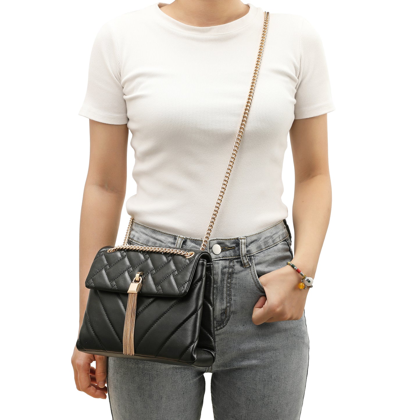 Tiffany & Fred Quilted Sheepskin Tassel Crossbody