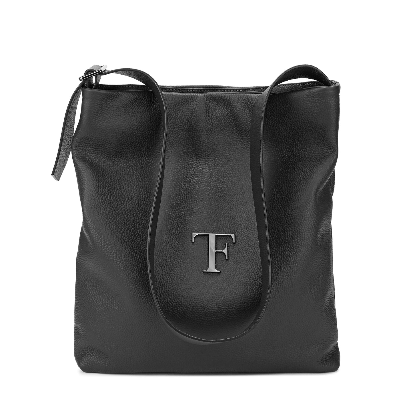 Pebbled Leather Shoulder Tote with TF Logo