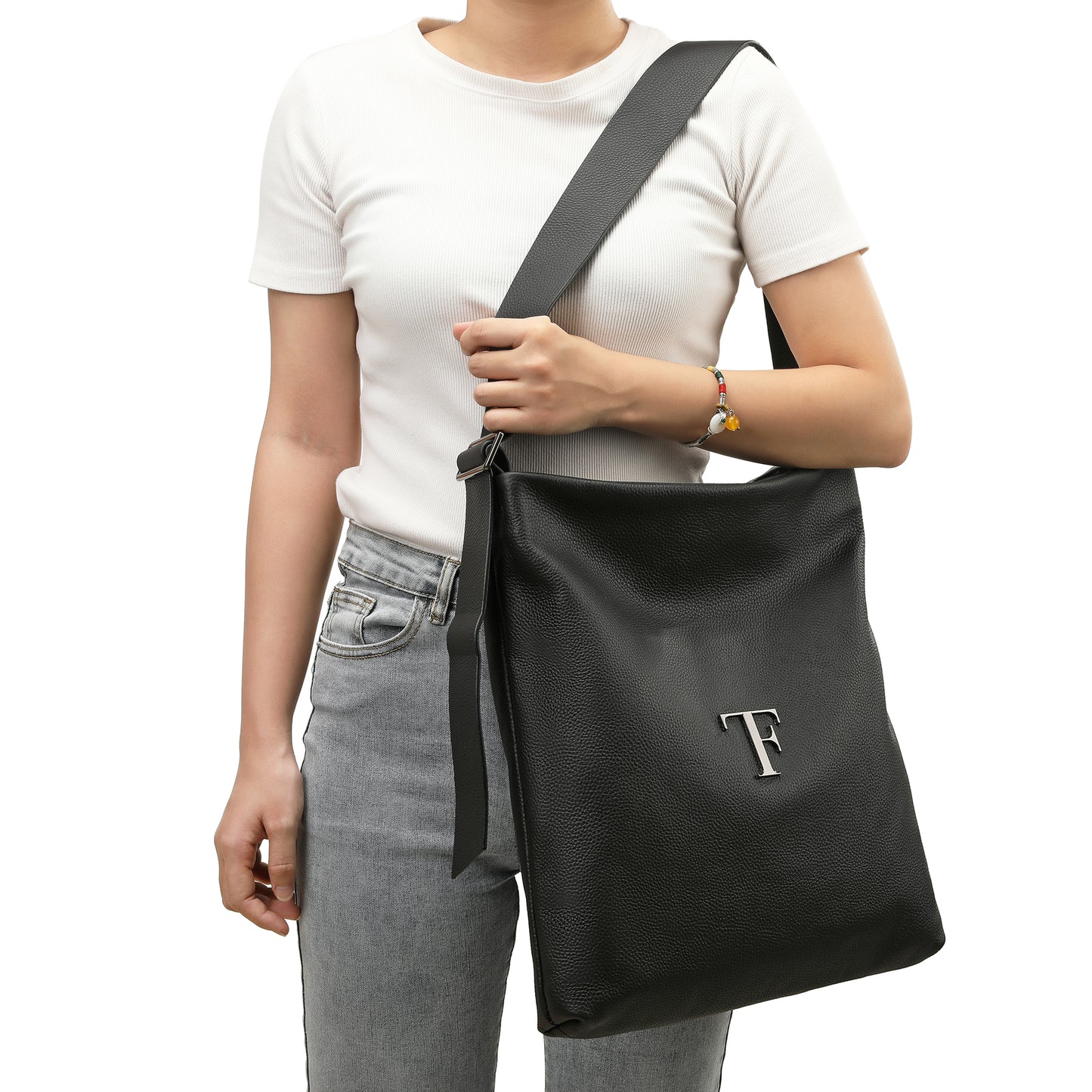 Pebbled Leather Shoulder Tote with TF Logo