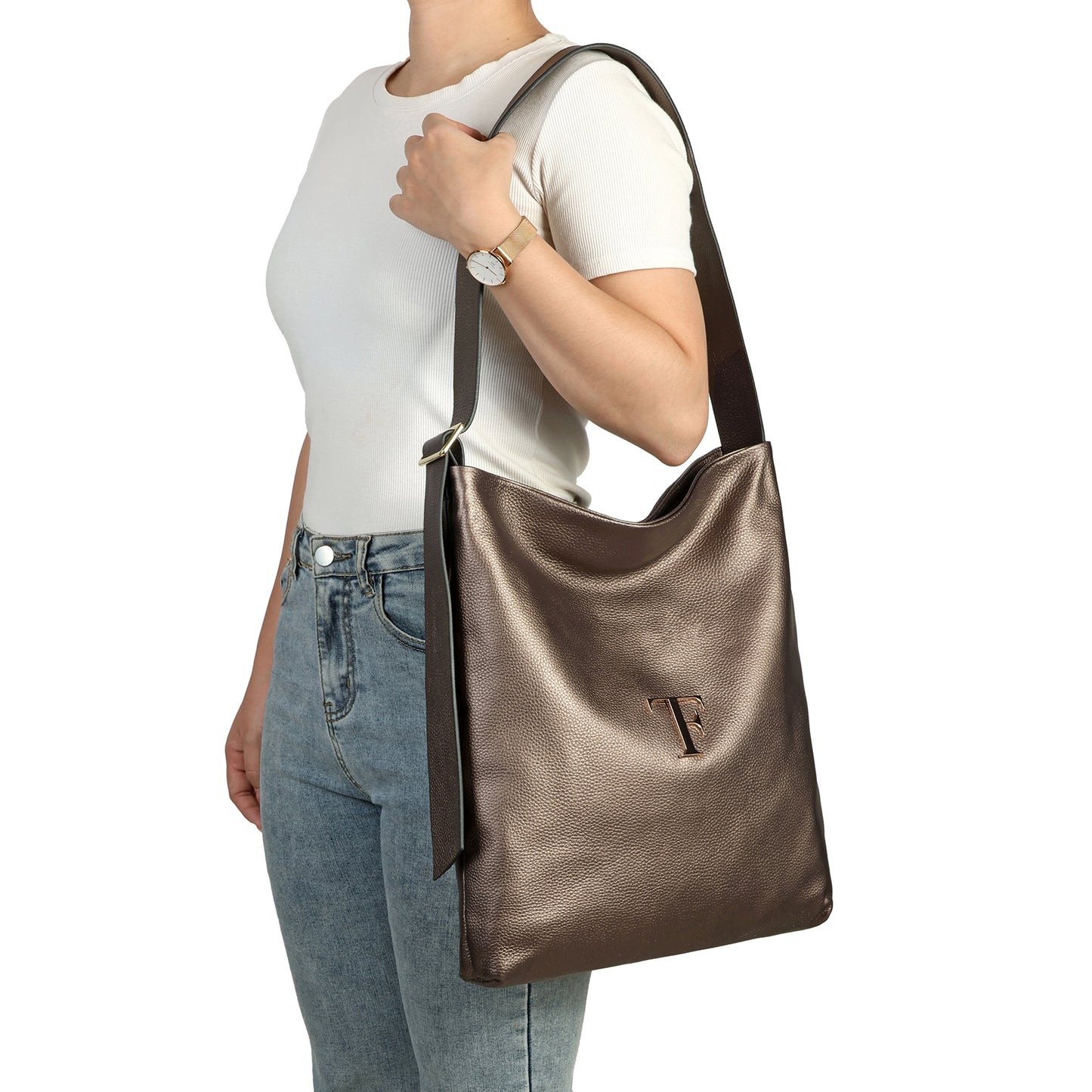 Pebbled Leather Shoulder Tote with TF Logo
