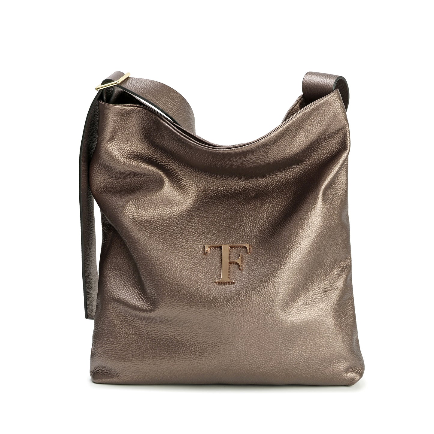 Pebbled Leather Shoulder Tote with TF Logo