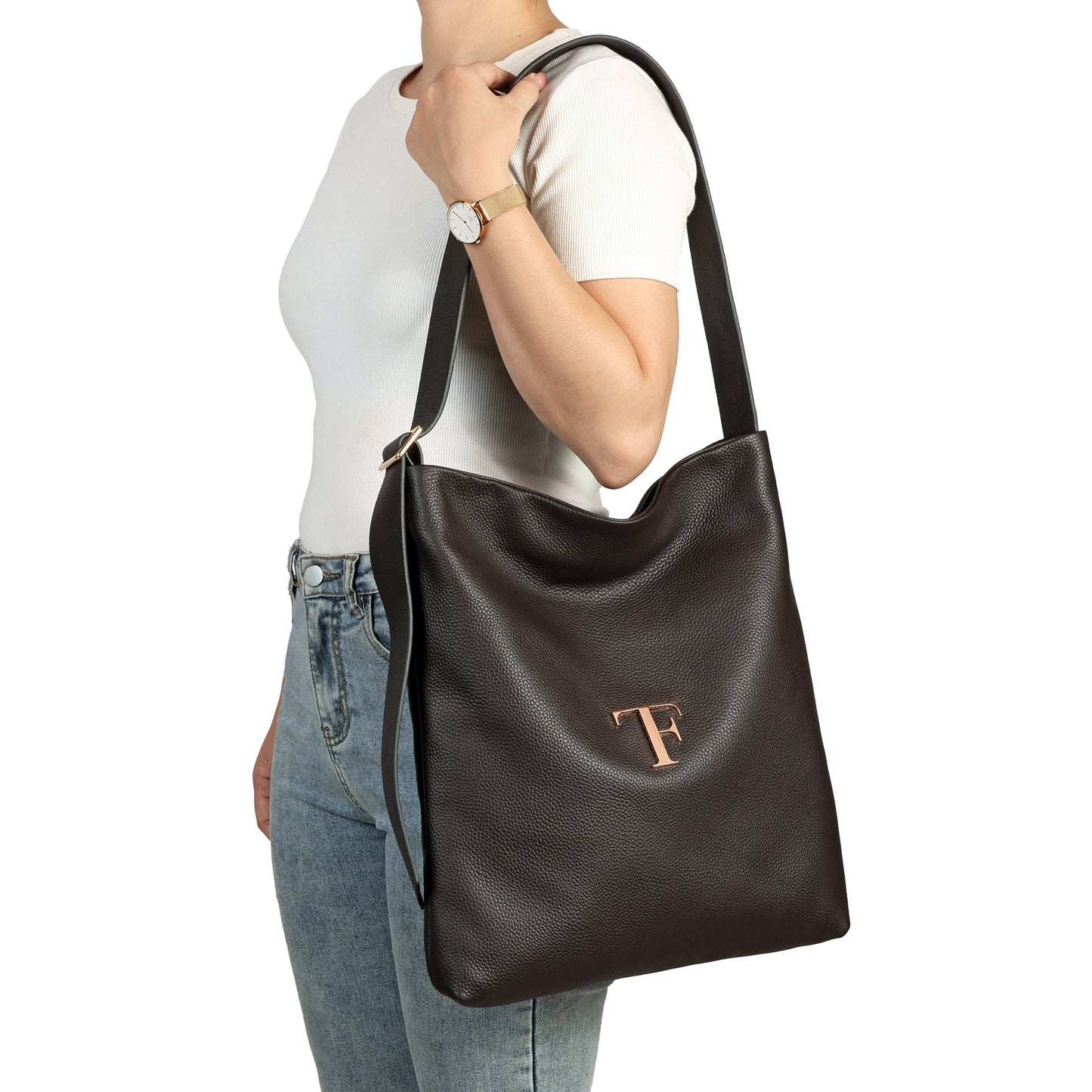 Pebbled Leather Shoulder Tote with TF Logo