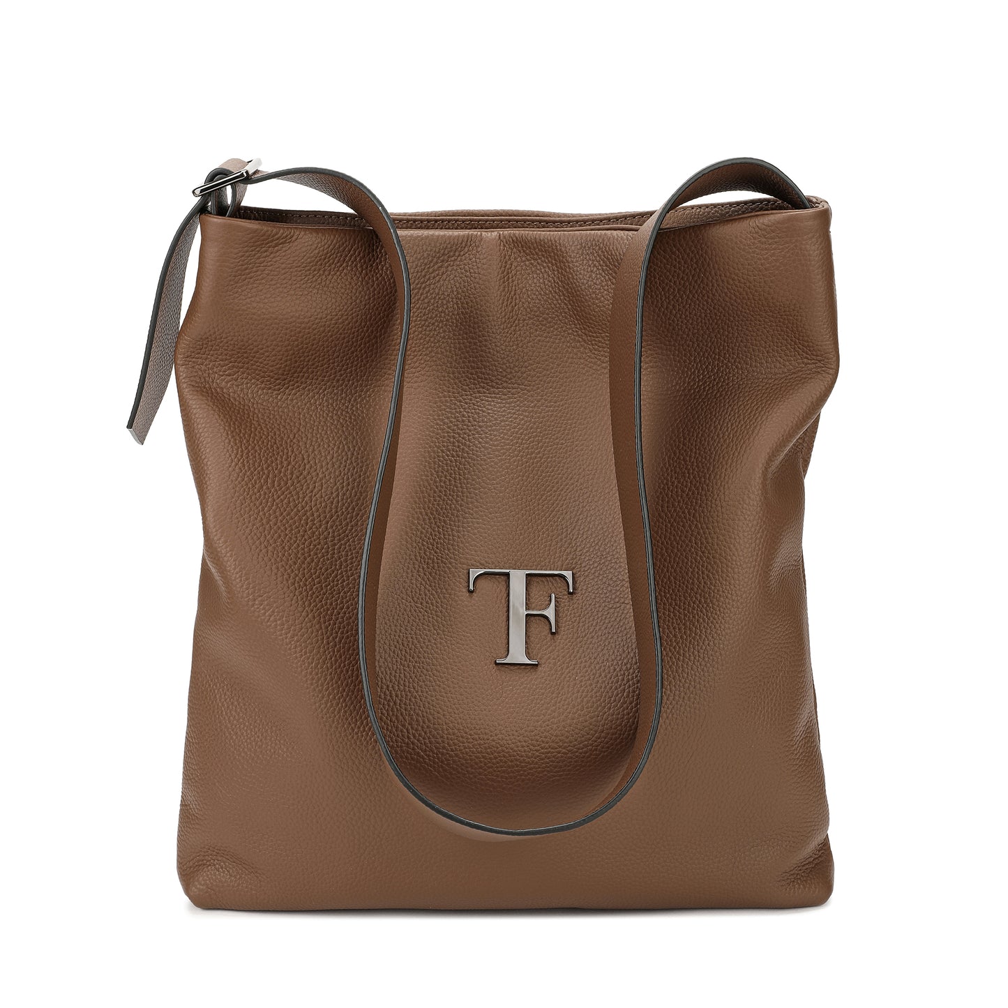 Pebbled Leather Shoulder Tote with TF Logo
