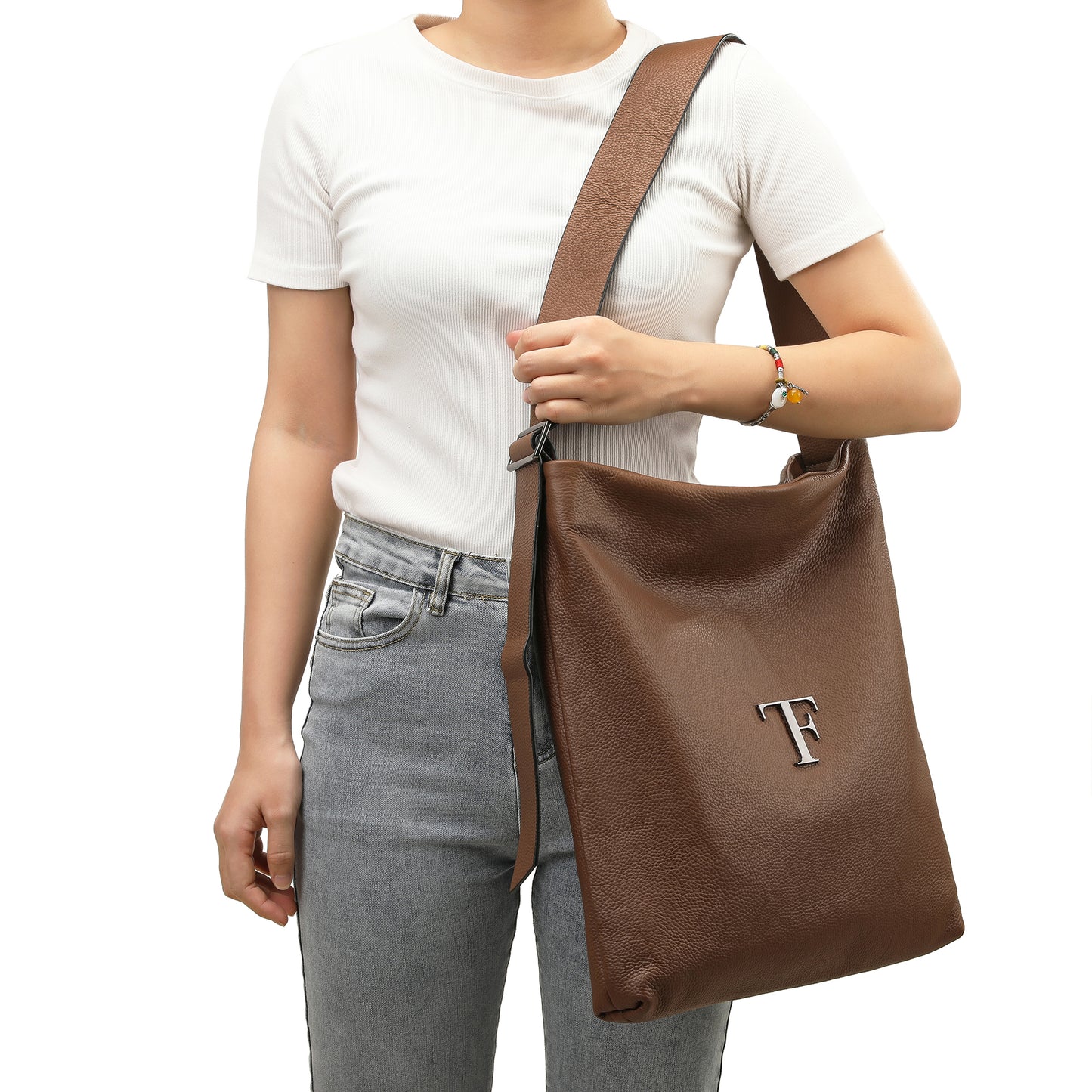 Pebbled Leather Shoulder Tote with TF Logo