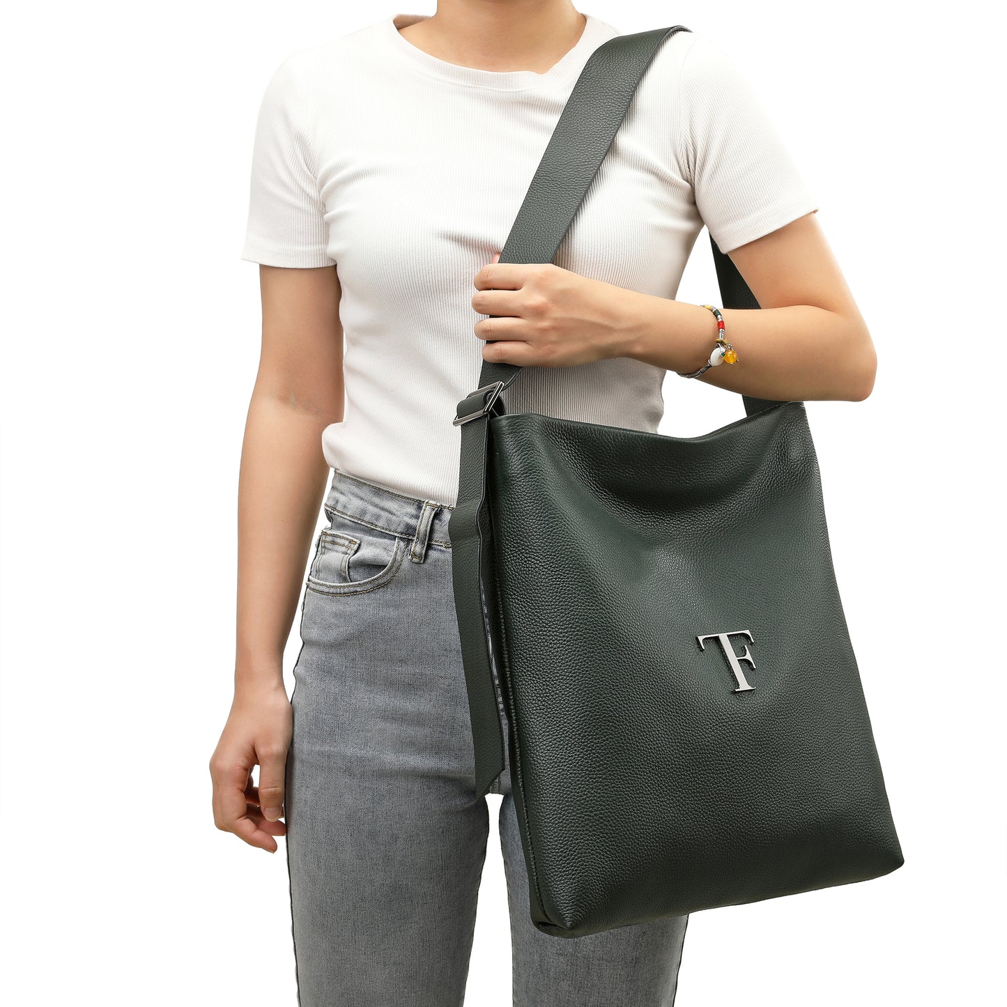 Pebbled Leather Shoulder Tote with TF Logo