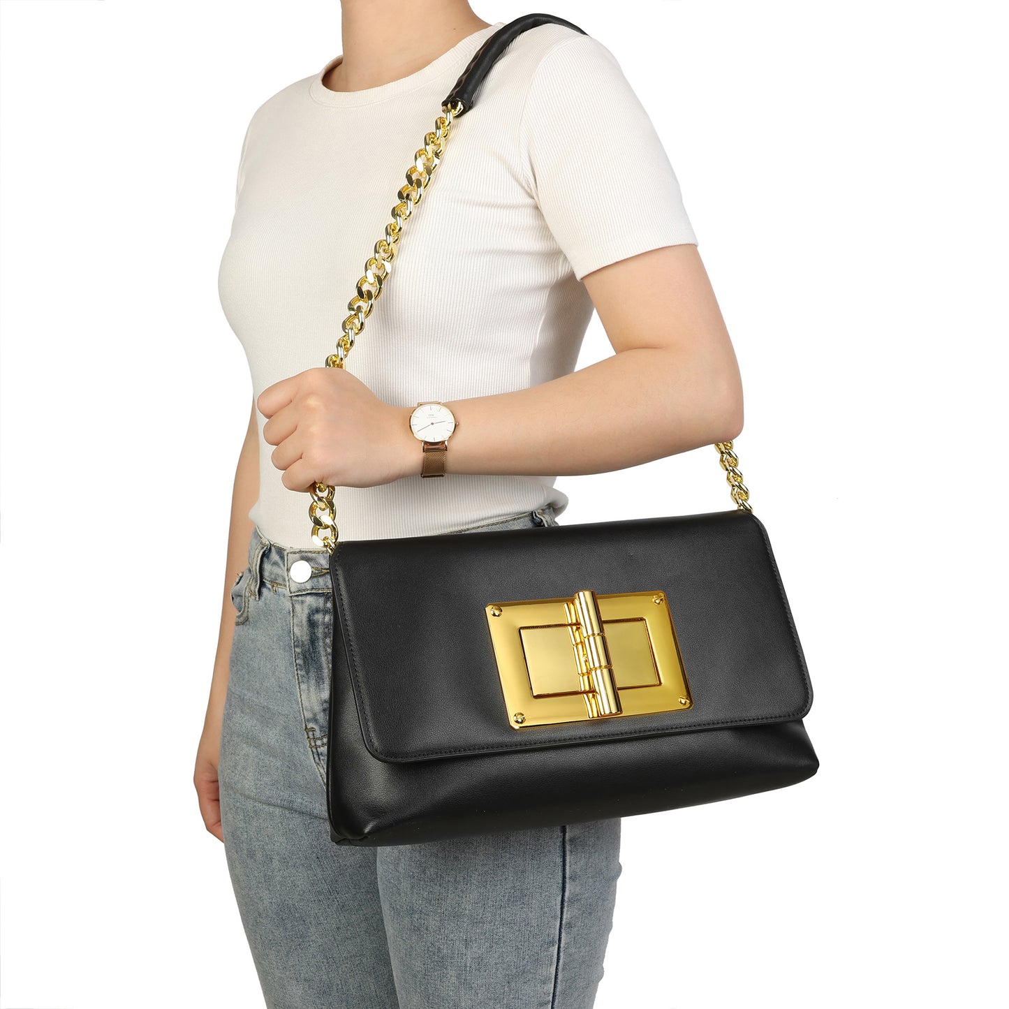 Luxe Lock Shoulder Bag with Gold Chain