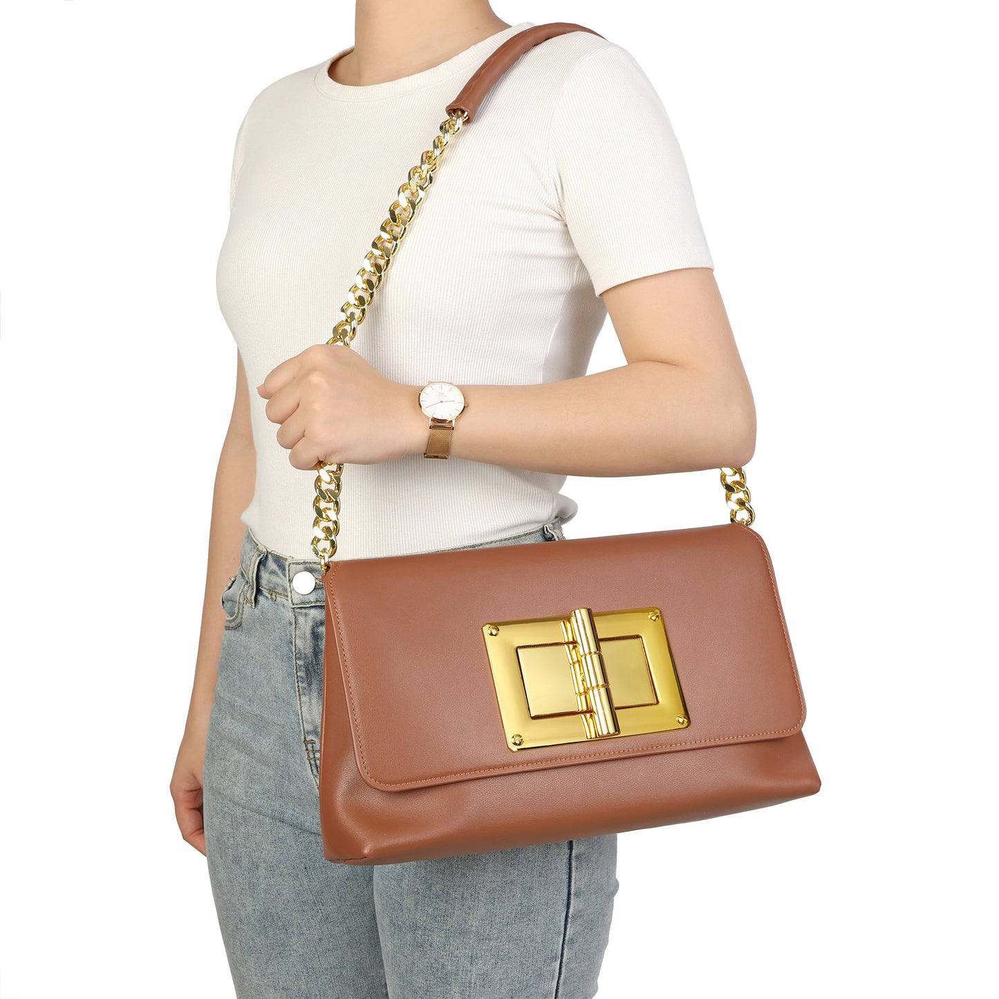 Luxe Lock Shoulder Bag with Gold Chain
