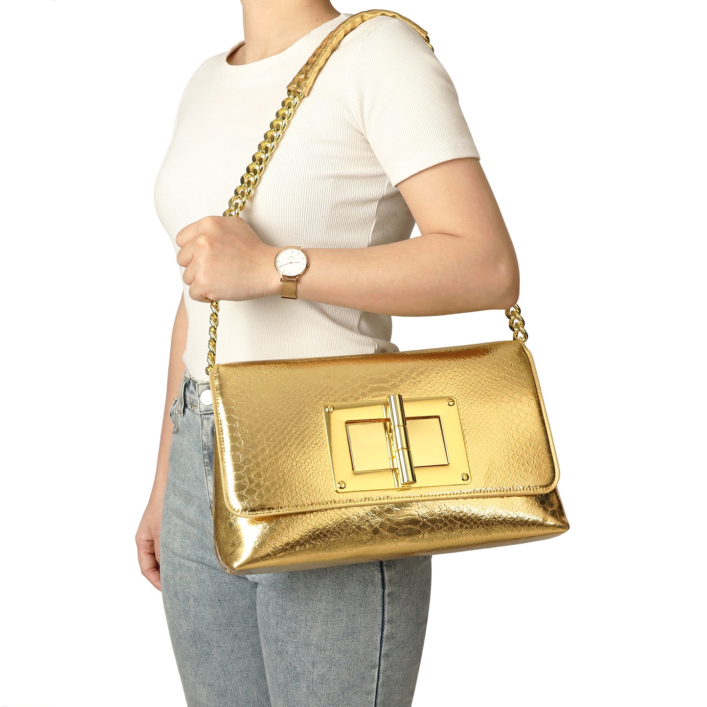 Luxe Lock Shoulder Bag with Gold Chain