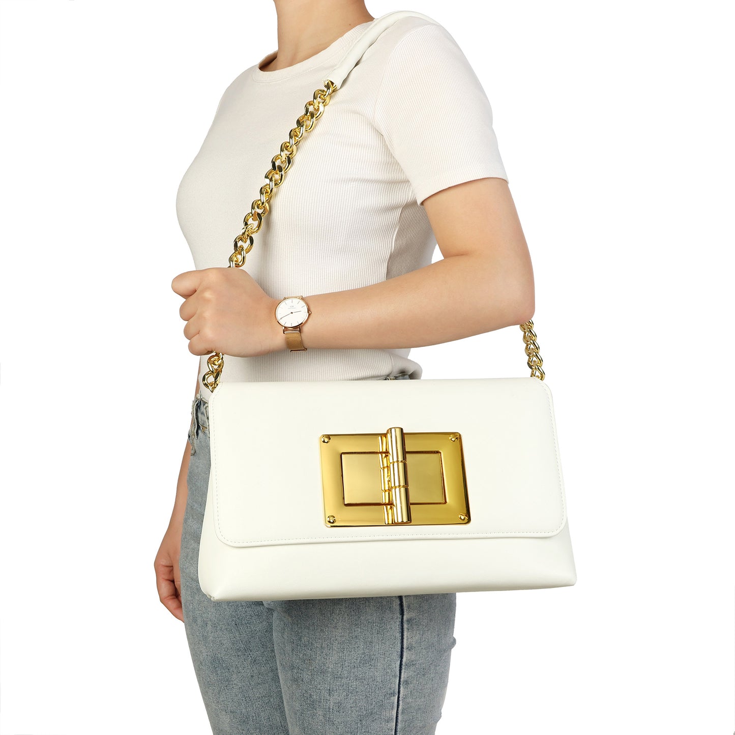 Luxe Lock Shoulder Bag with Gold Chain
