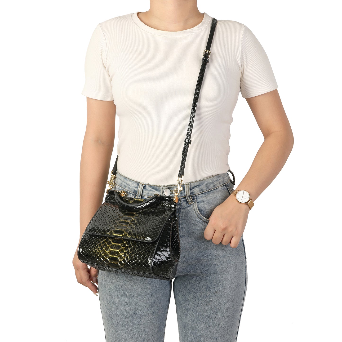 Python-Embossed Leather Top-Handle Satchel with Crossbody Strap