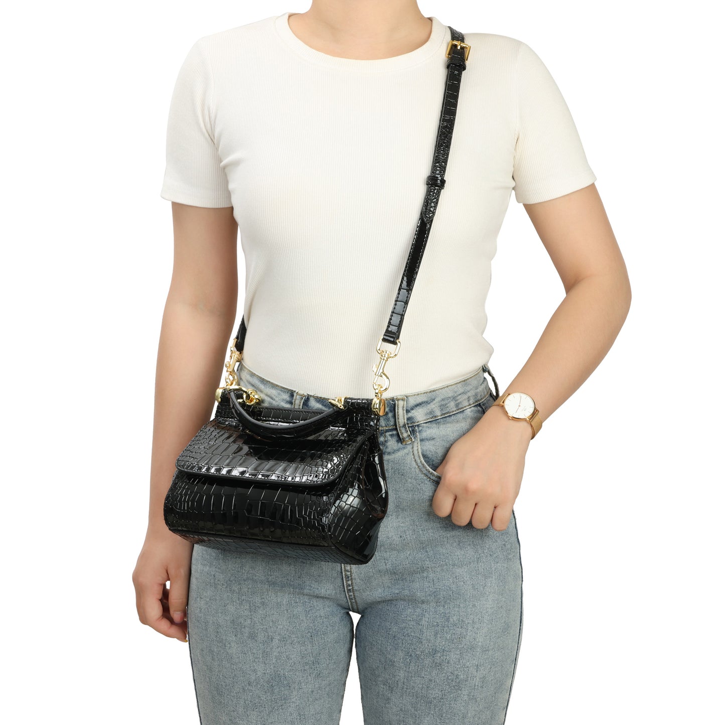Croc-Embossed Leather Mini Satchel with Top Handle
