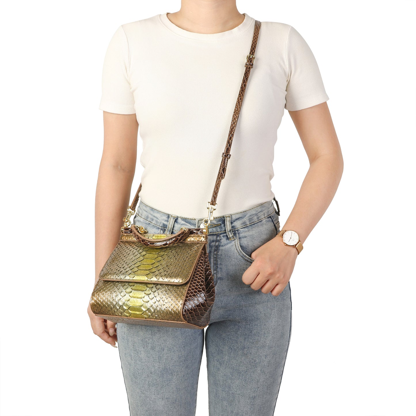 Python-Embossed Leather Top-Handle Satchel with Crossbody Strap