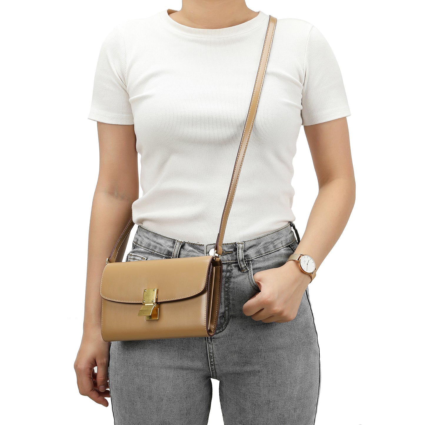 Elegant Structured Crossbody Bag with Gold-Tone Lock
