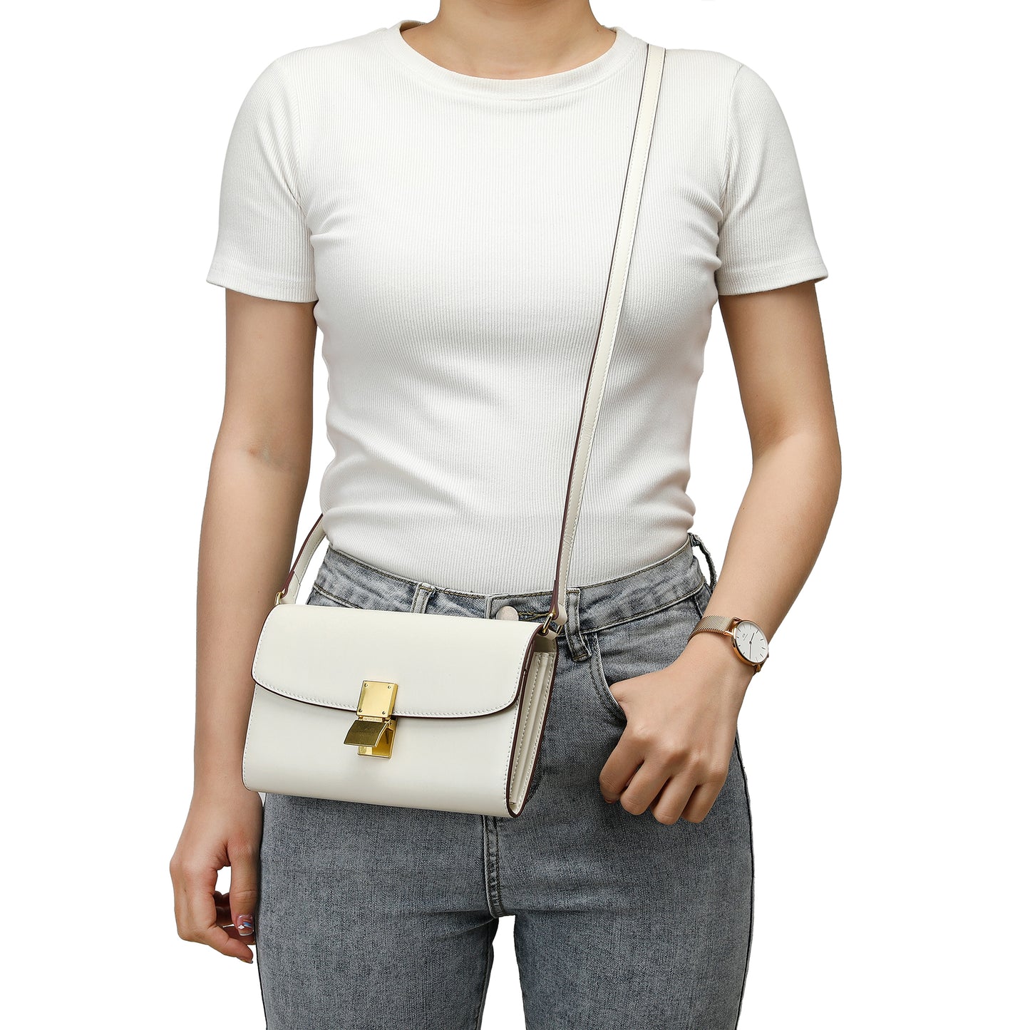 Elegant Structured Crossbody Bag with Gold-Tone Lock