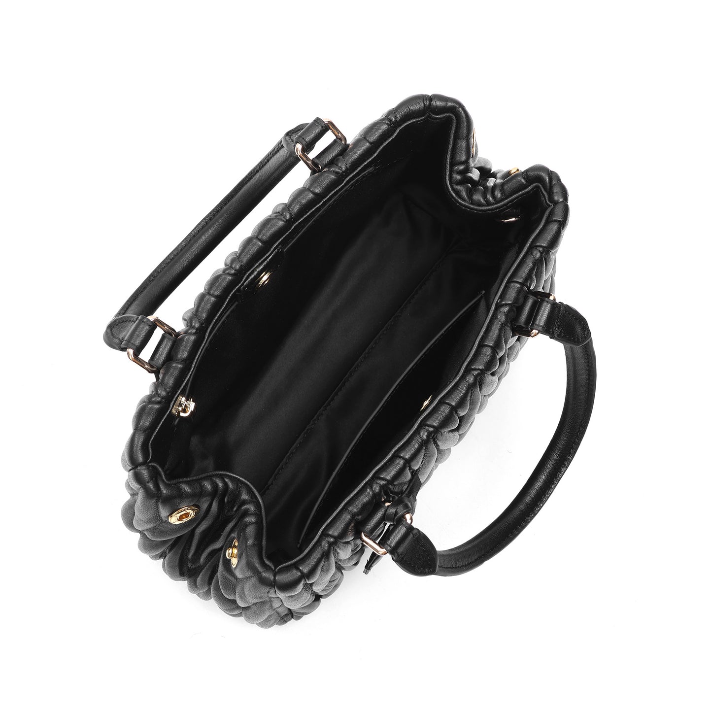 Ruched Leather Satchel with Top Handles & Crossbody Strap