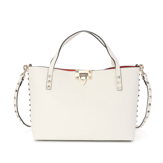 Studded Leather Tote with Gold-Tone Lock