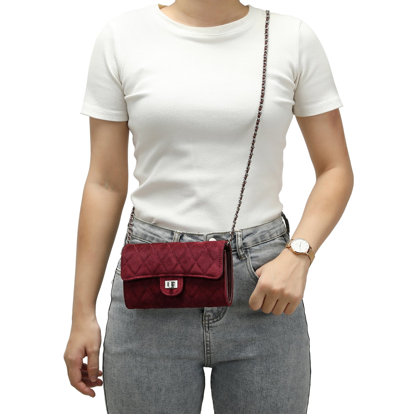 Quilted Suede Wallet-On-Chain/Clutch