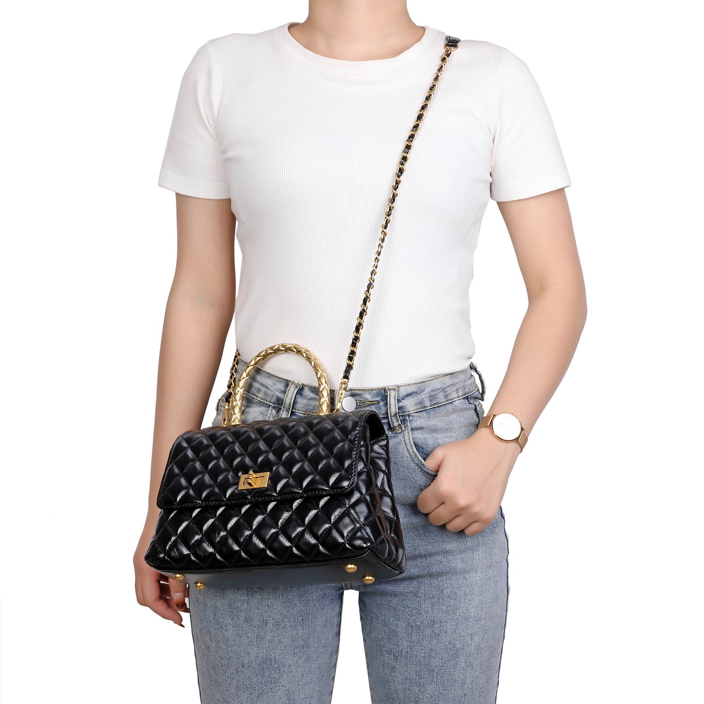 Elegant Quilted Top Handle Bag with Chain Strap