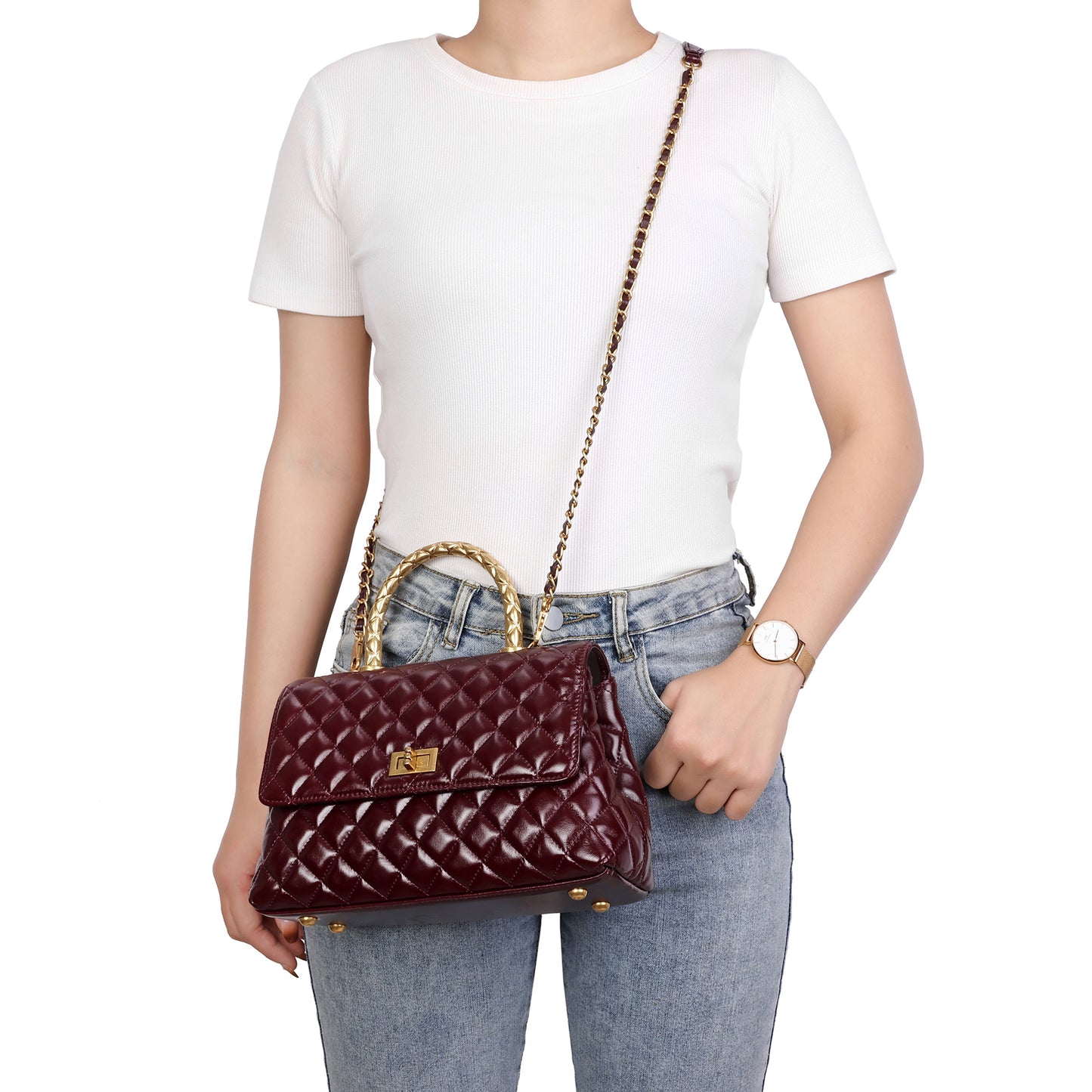 Elegant Quilted Top Handle Bag with Chain Strap