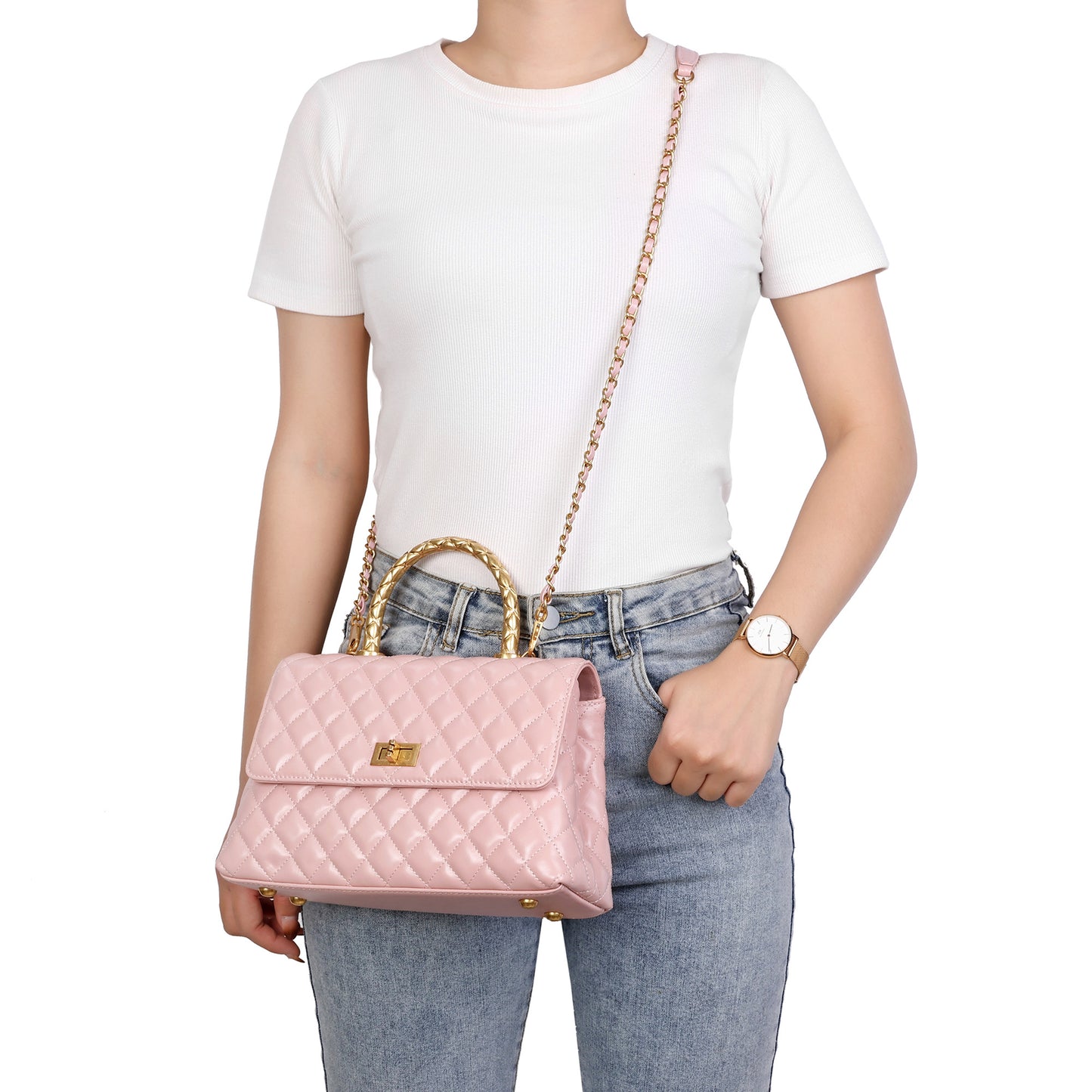 Elegant Quilted Top Handle Bag with Chain Strap