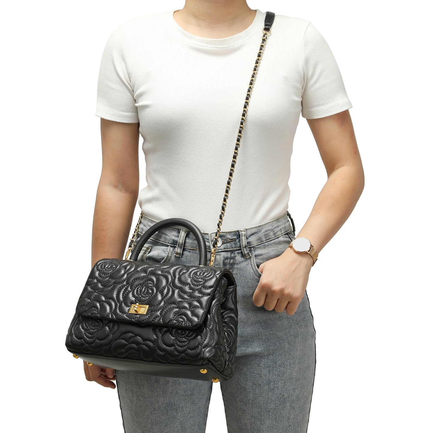 Quilted Floral Top Handle Bag