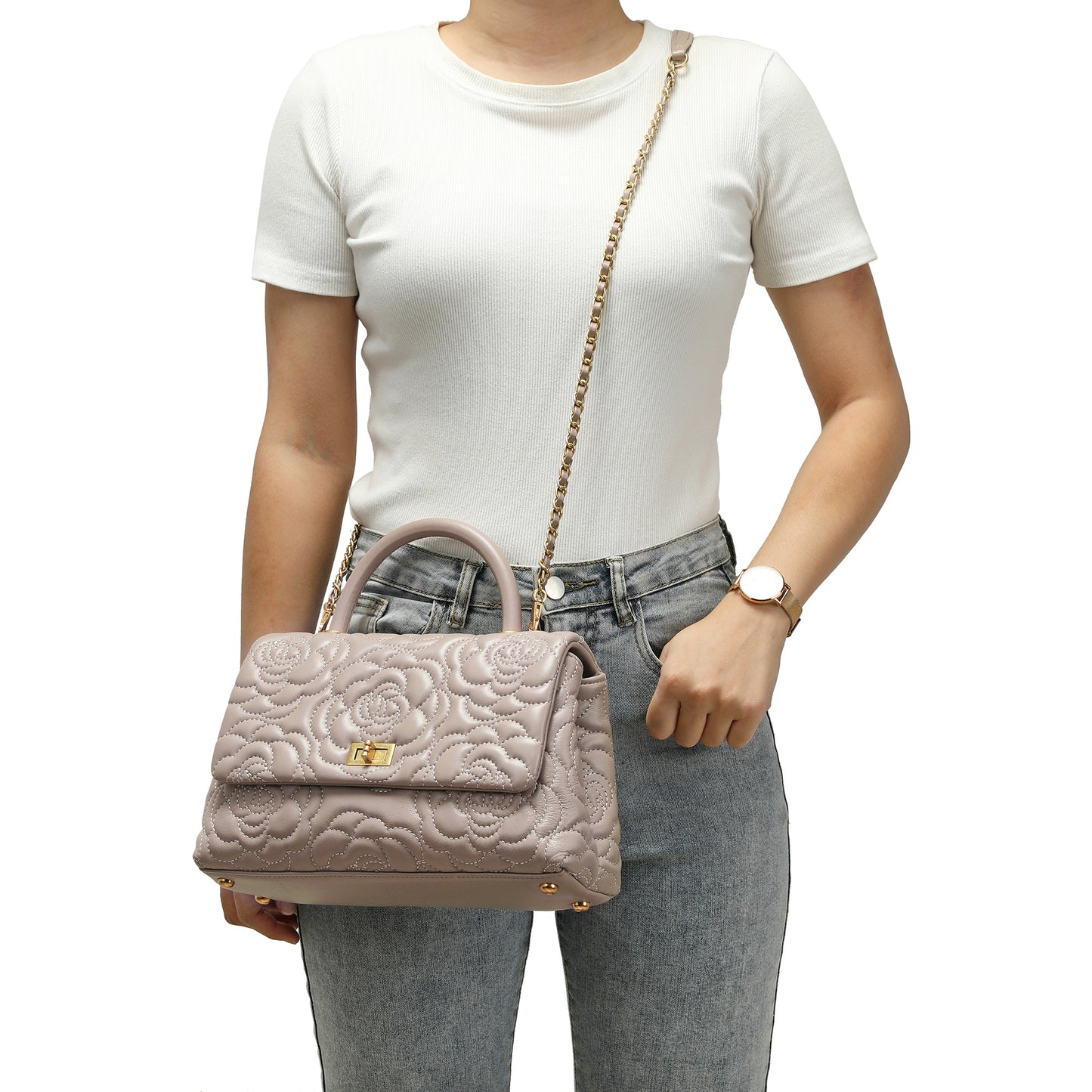 Quilted Floral Top Handle Bag