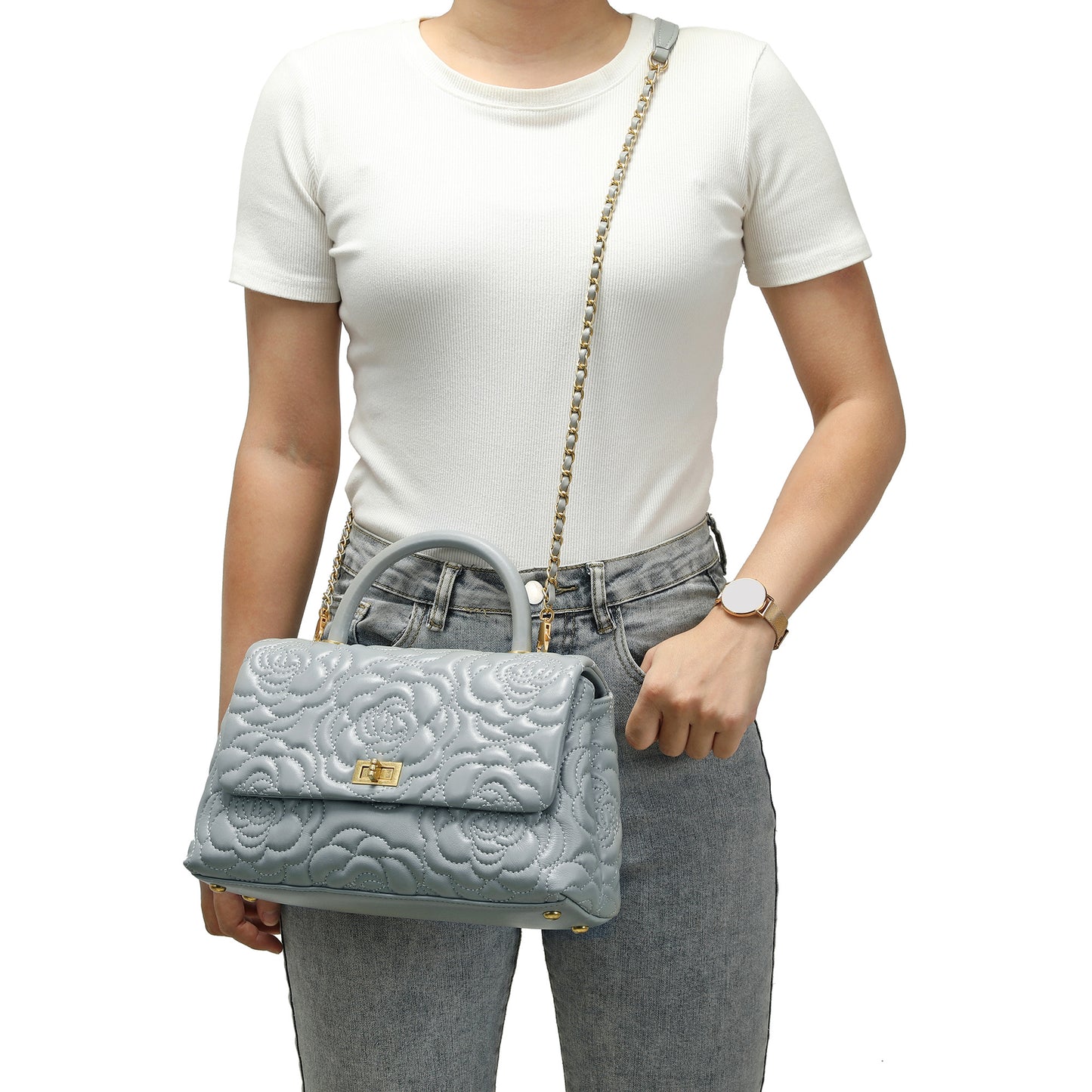 Quilted Floral Top Handle Bag