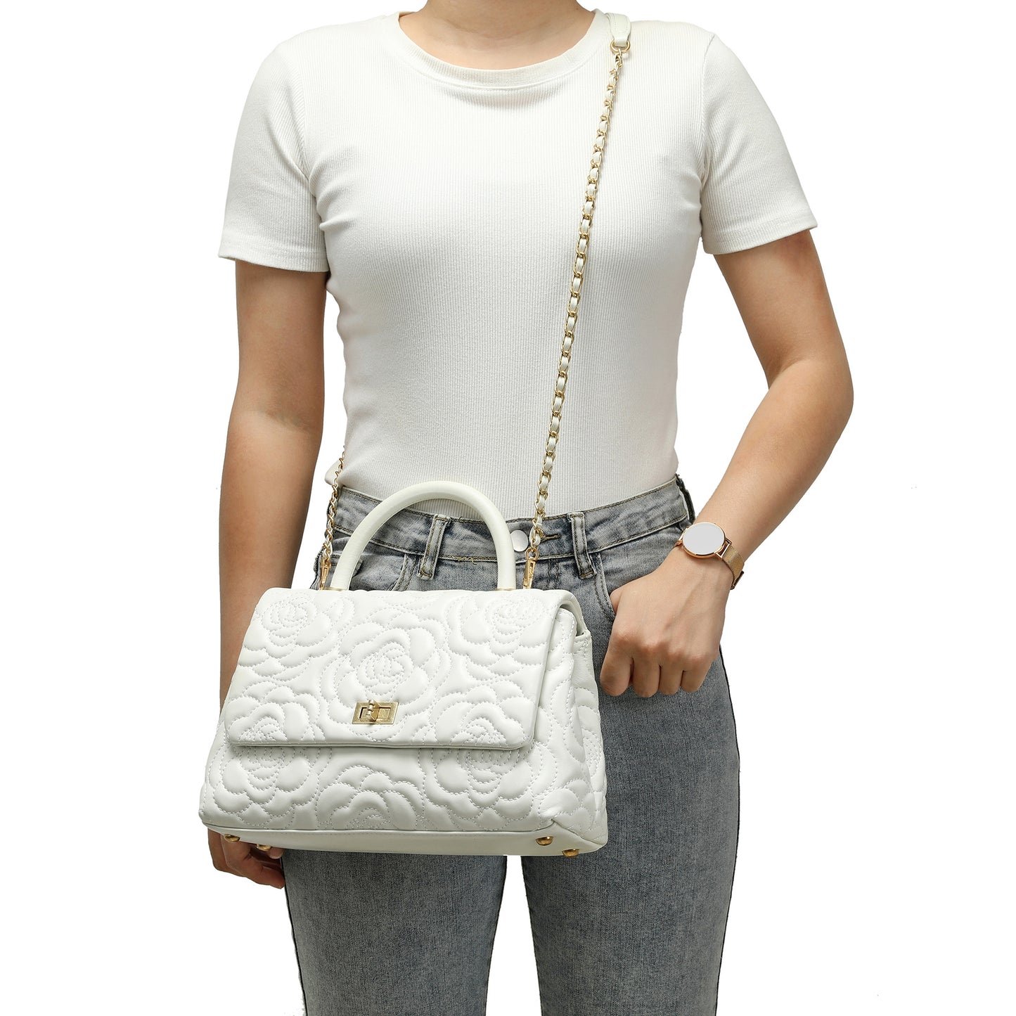 Quilted Floral Top Handle Bag