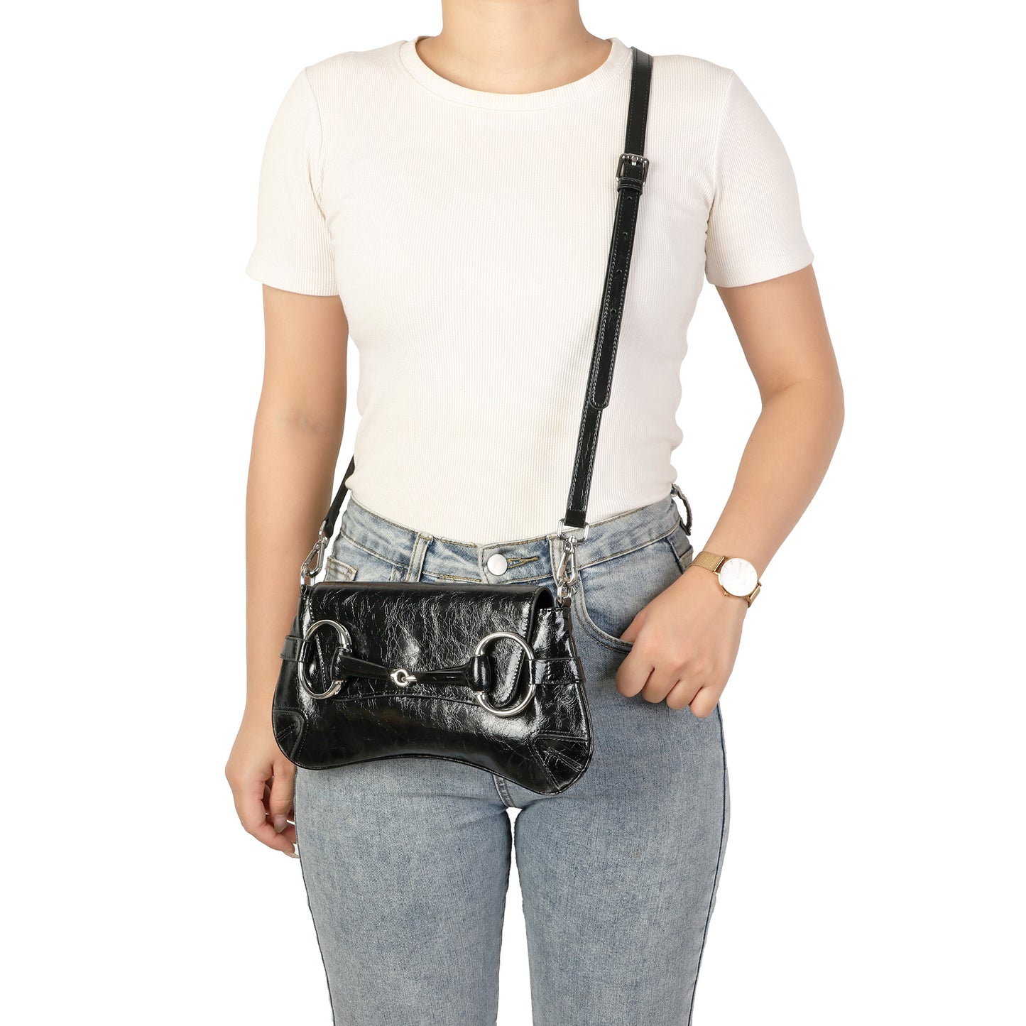 Metallic Leather Shoulder Bag with Horsebit Hardware