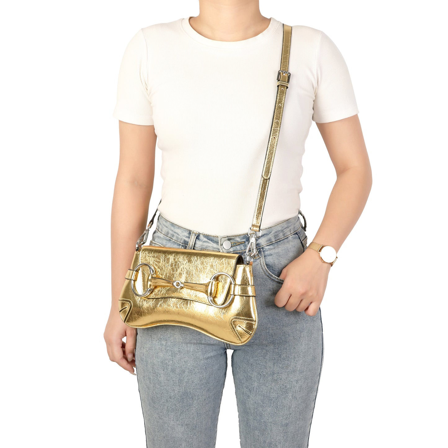 Metallic Leather Shoulder Bag with Horsebit Hardware