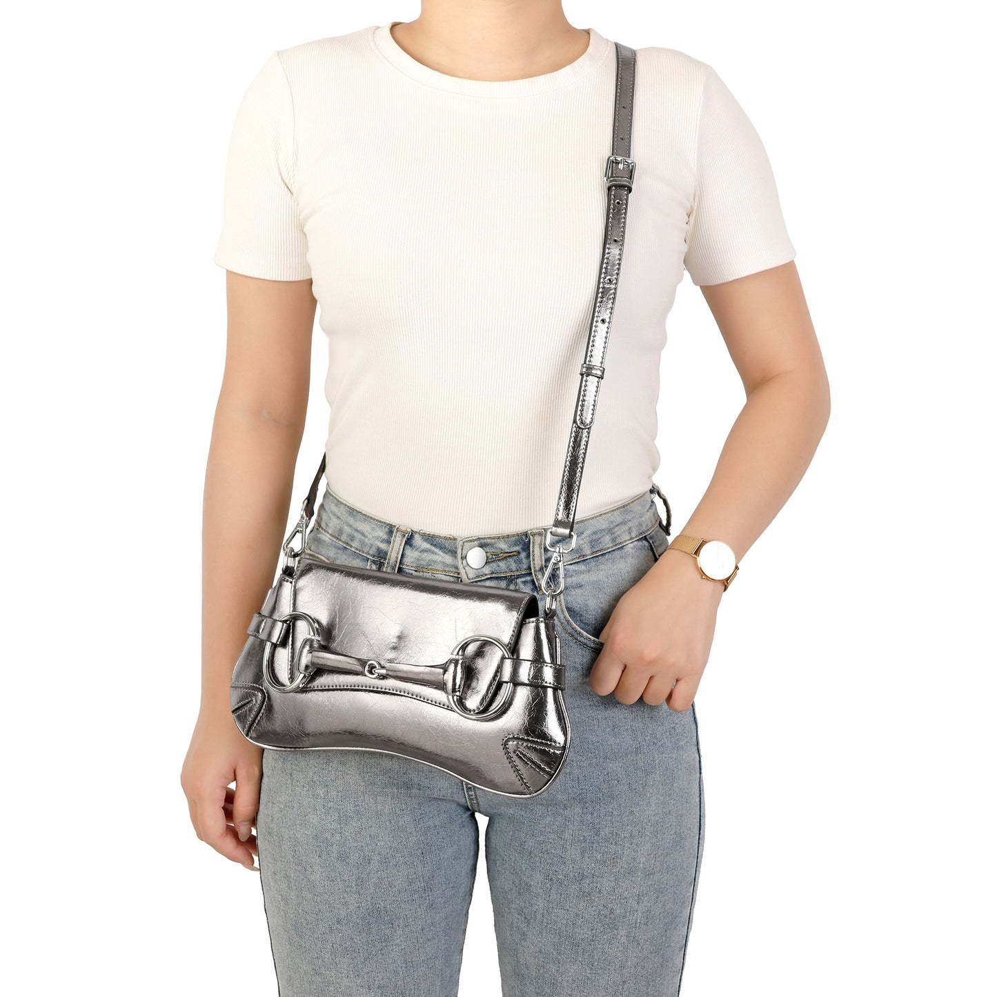Metallic Leather Shoulder Bag with Horsebit Hardware