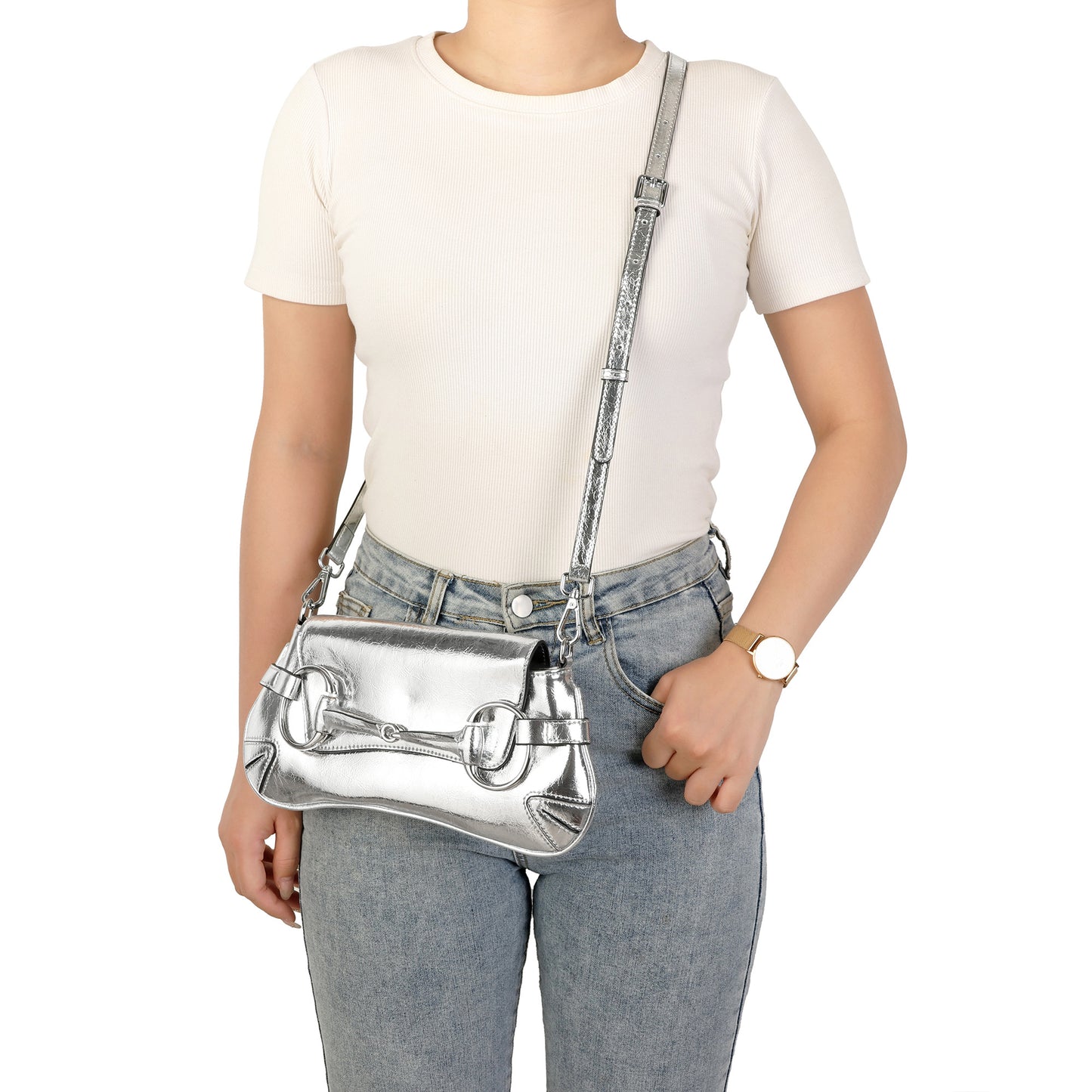 Metallic Leather Shoulder Bag with Horsebit Hardware