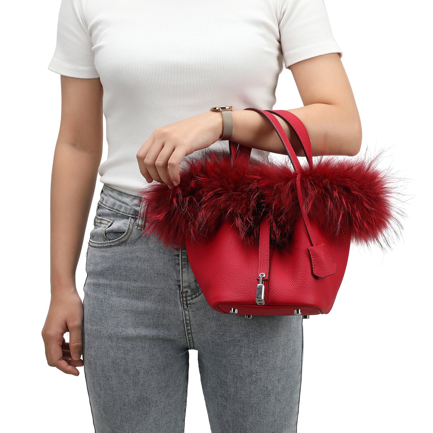 Tiffany & Fred Full-Grain Pebble Leather & Genuine Fox Fur