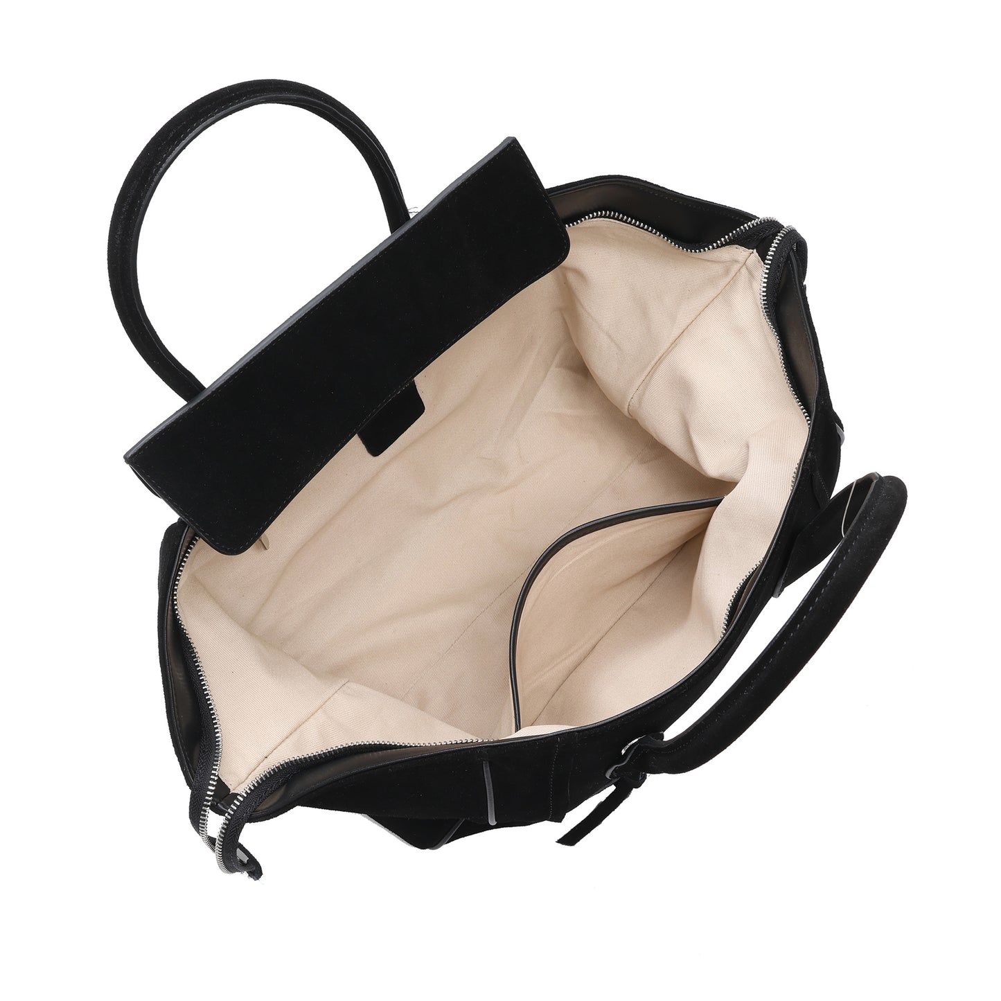 Suede and Leather Winged Tote Bag with Front Zip Pocket